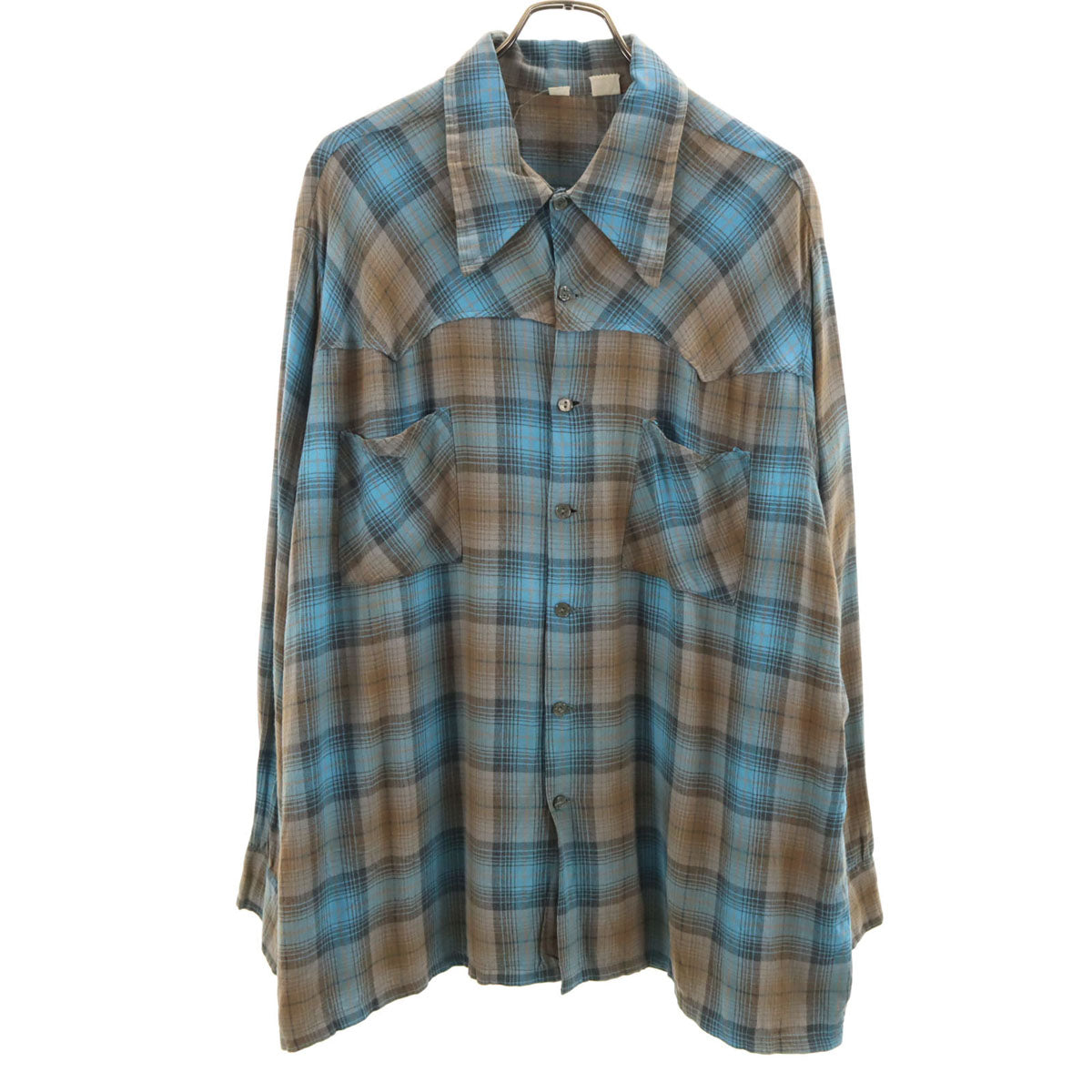 60s 70s ヴィンテージ オンブレチェック 長袖 ウエスタンシャツ BIG 水色 メンズ