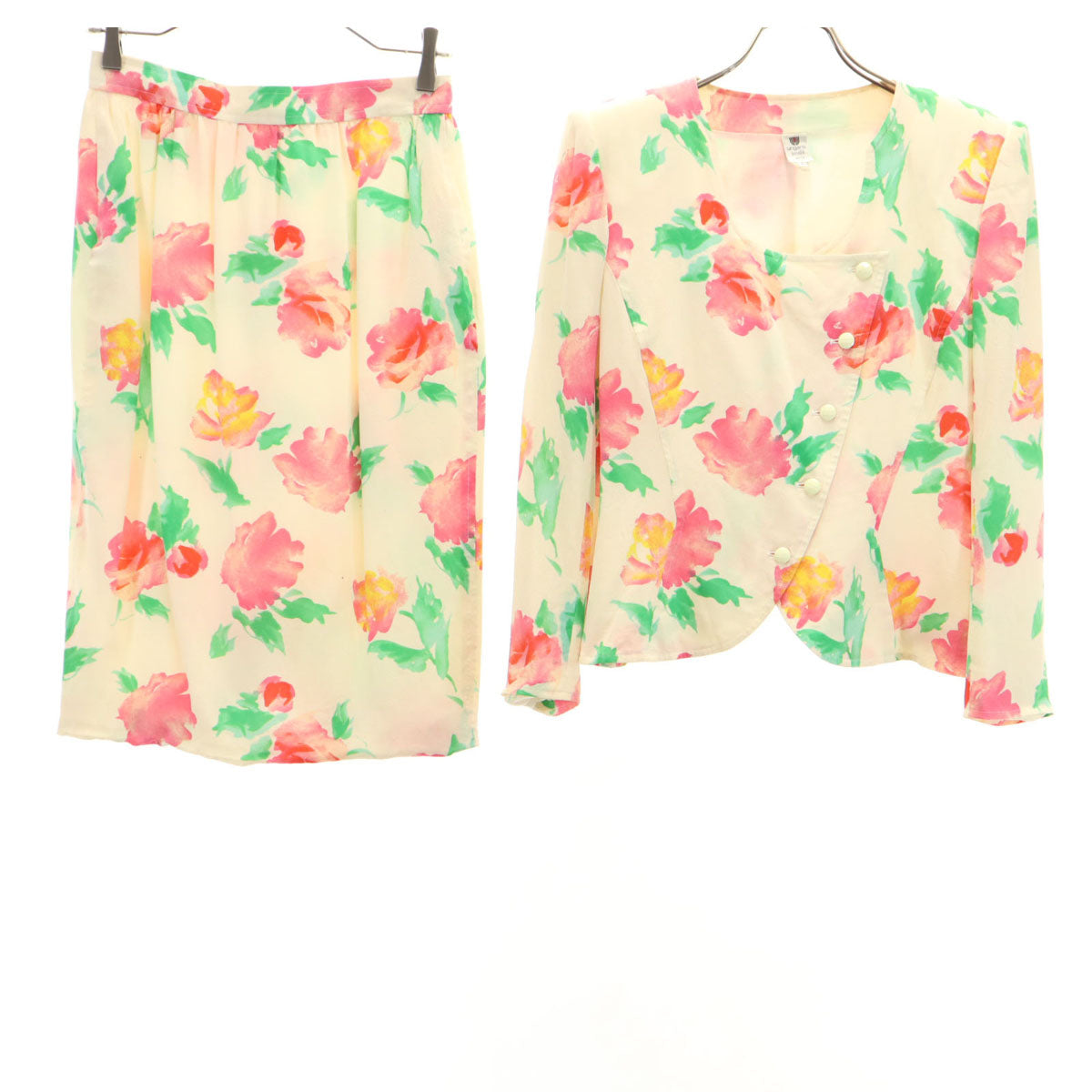 emanuel ungaro ウンガロ シルク 花柄 ノーカラージャケット 上下 セットアップ 9 アイボリー レディース