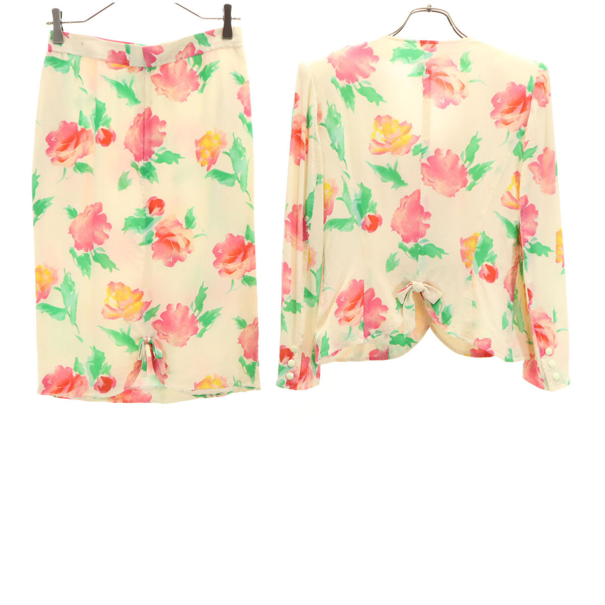 emanuel ungaro ウンガロ シルク 花柄 ノーカラージャケット 上下 セットアップ 9 アイボリー レディース