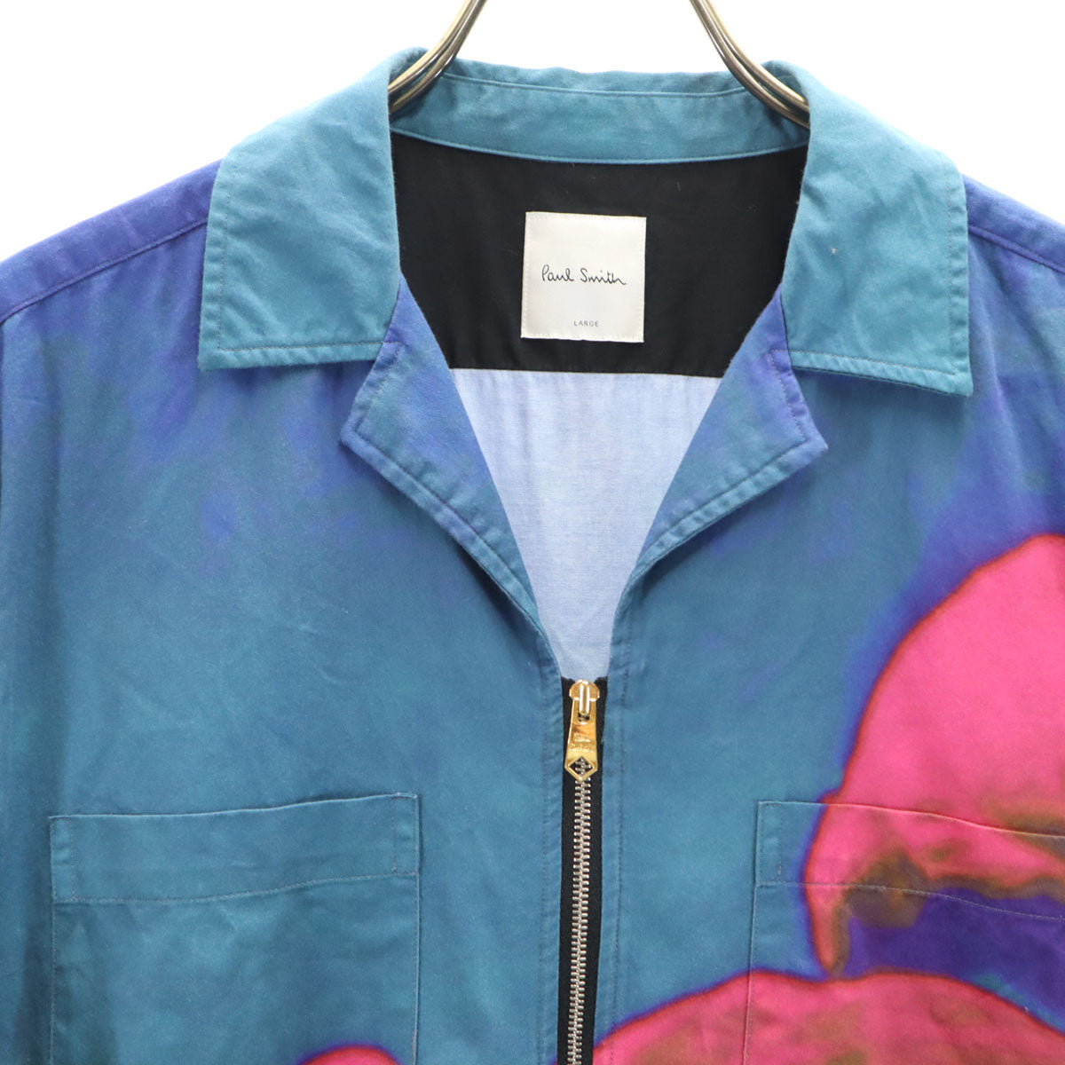 Paul Smith ポールスミス 日本製 総柄 半袖 ジップアップ シャツ L ブルー系 メンズ