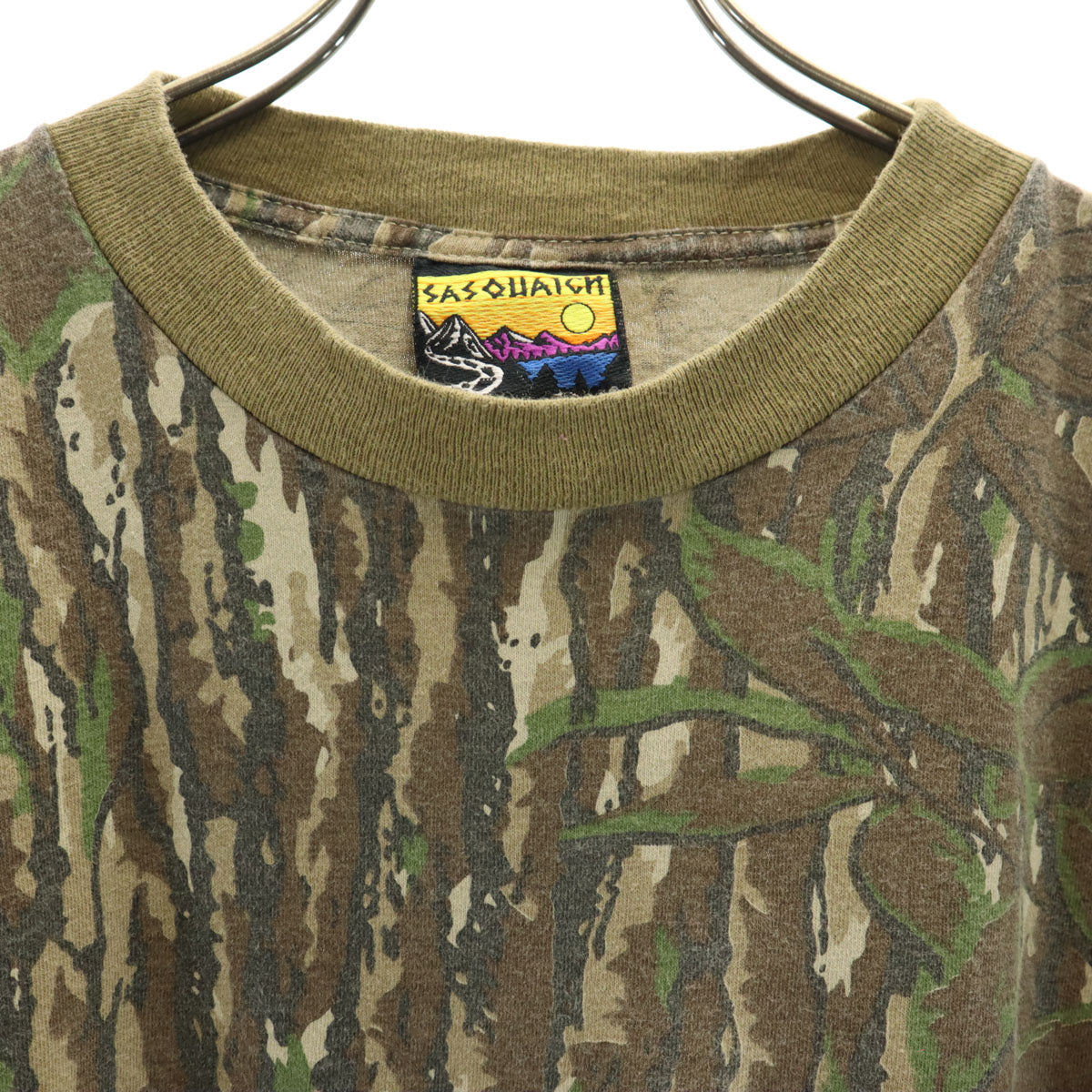 SASQUATCH サスクワッチ 90s USA製 オールド 迷彩柄 半袖 Tシャツ L カーキ ポケT シングルステッチ メンズ