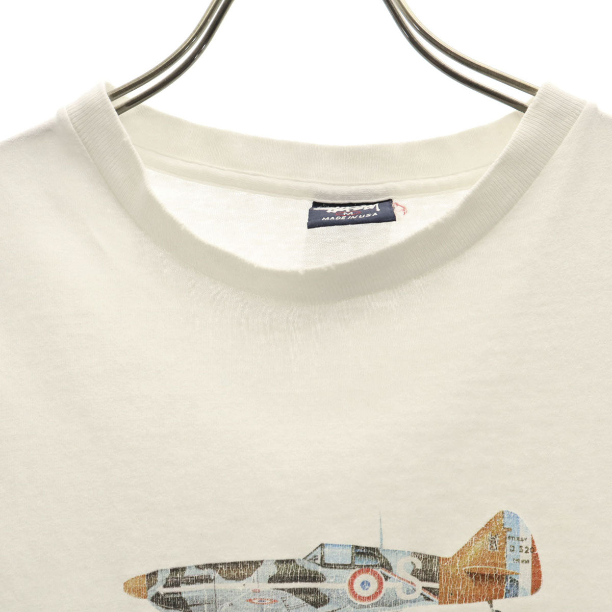 STUSSY ステューシー 90s USA製 オールド 紺タグ フランス空軍 戦闘機 D.520 半袖 Tシャツ M ホワイト シングルステッチ メンズ