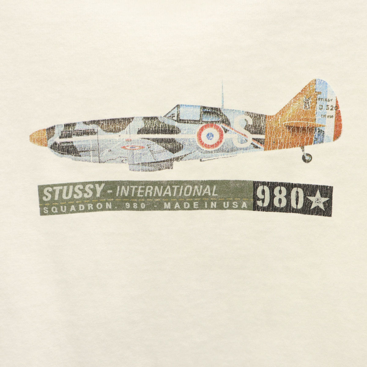 STUSSY ステューシー 90s USA製 オールド 紺タグ フランス空軍 戦闘機 D.520 半袖 Tシャツ M ホワイト シングルステッチ メンズ