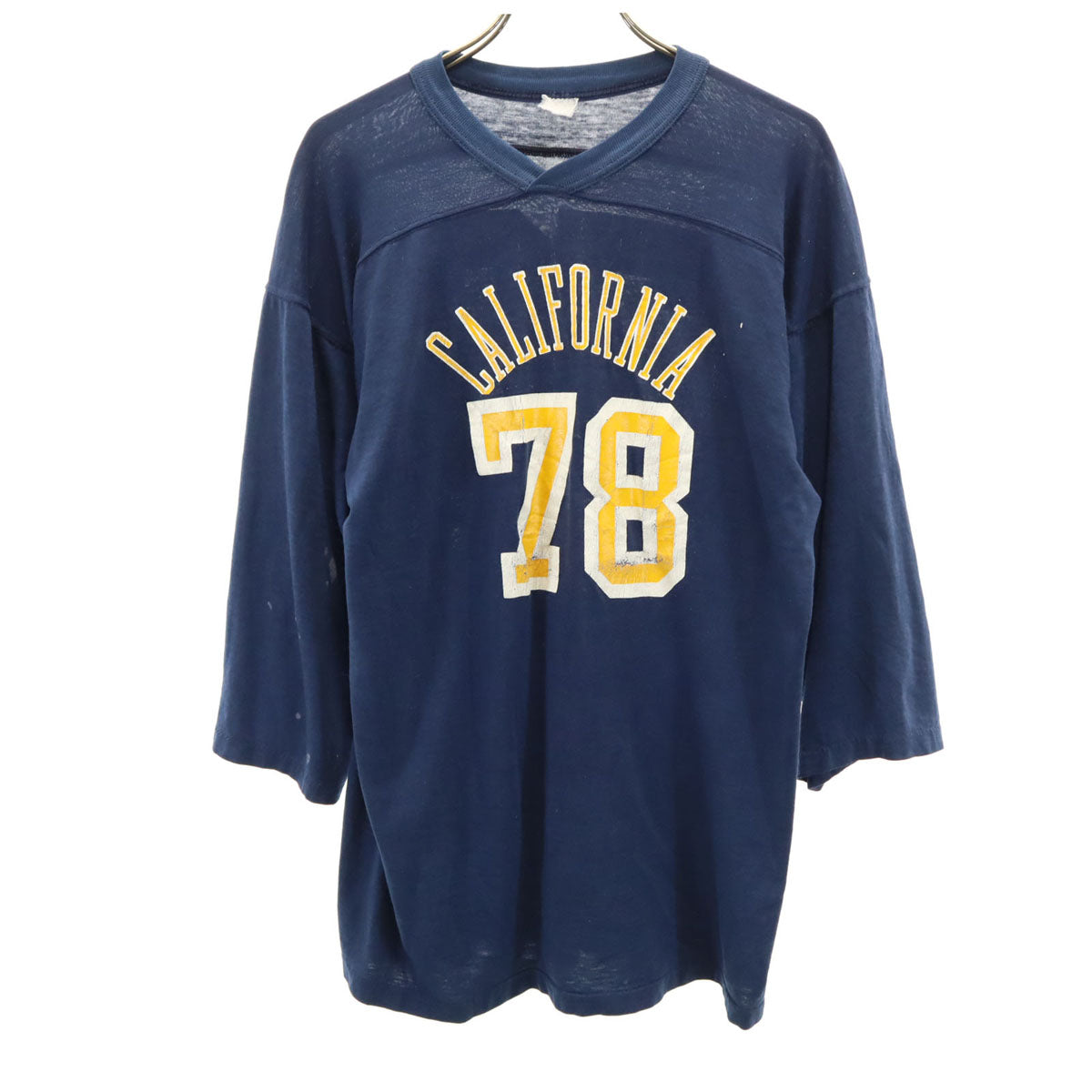 80s ヴィンテージ 7分袖 Vネック Tシャツ ブルー系 メンズ