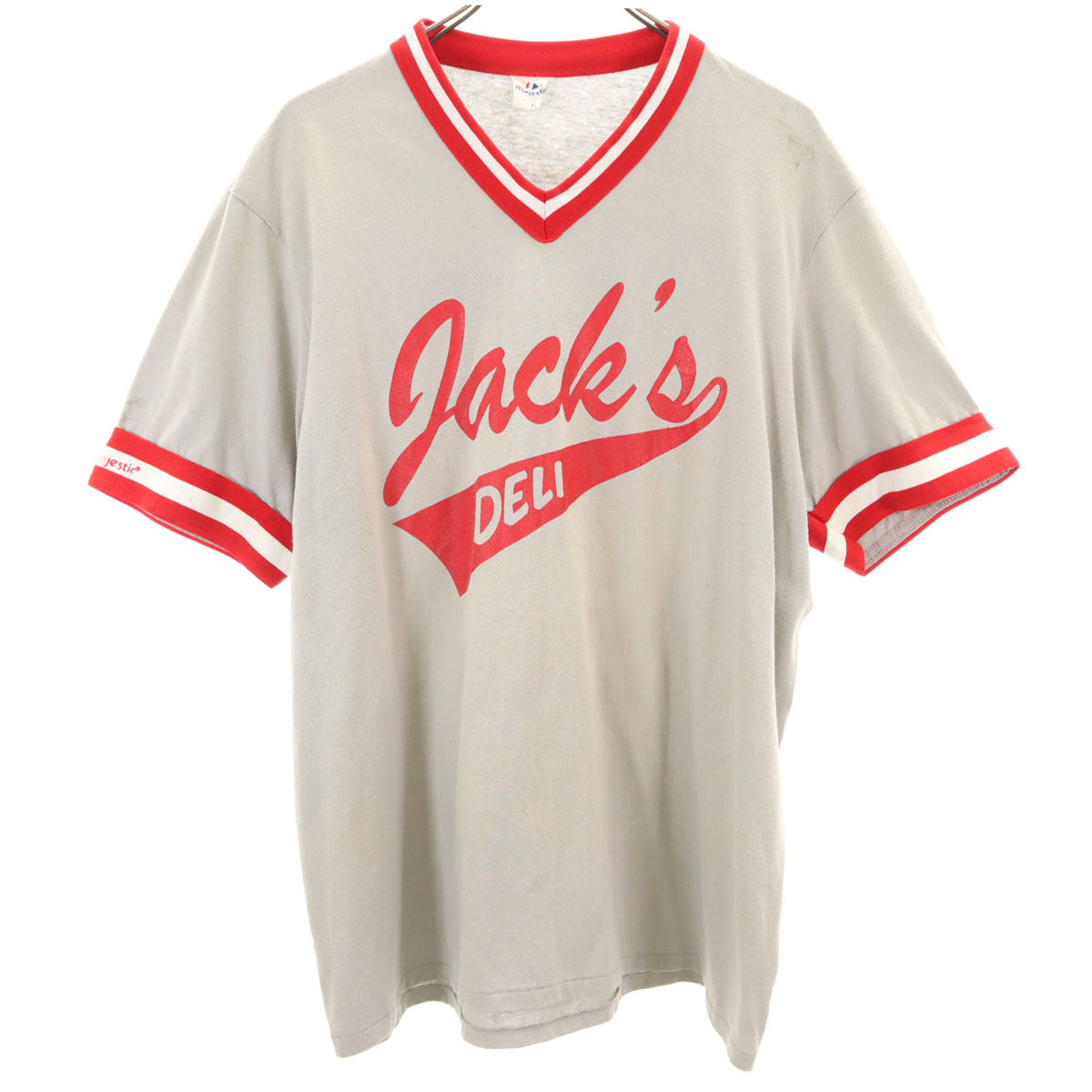 Majestic ATHLETIC マジェスティックアスレティック 90s USA製 オールド 半袖 Vネック ゲーム シャツ XL グレー メンズ