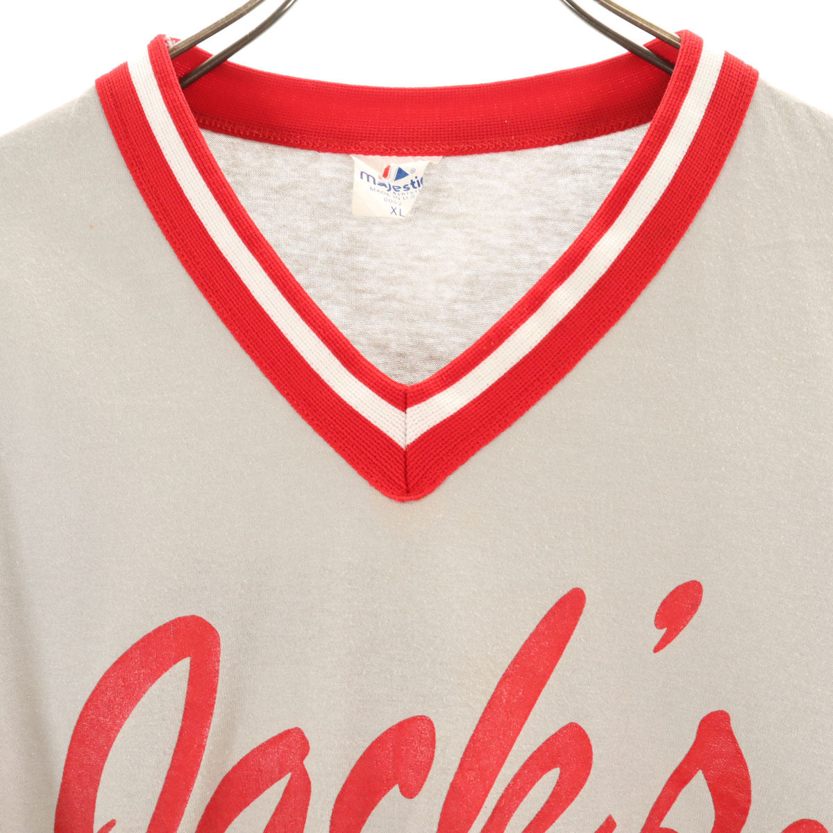 Majestic ATHLETIC マジェスティックアスレティック 90s USA製 オールド 半袖 Vネック ゲーム シャツ XL グレー メンズ