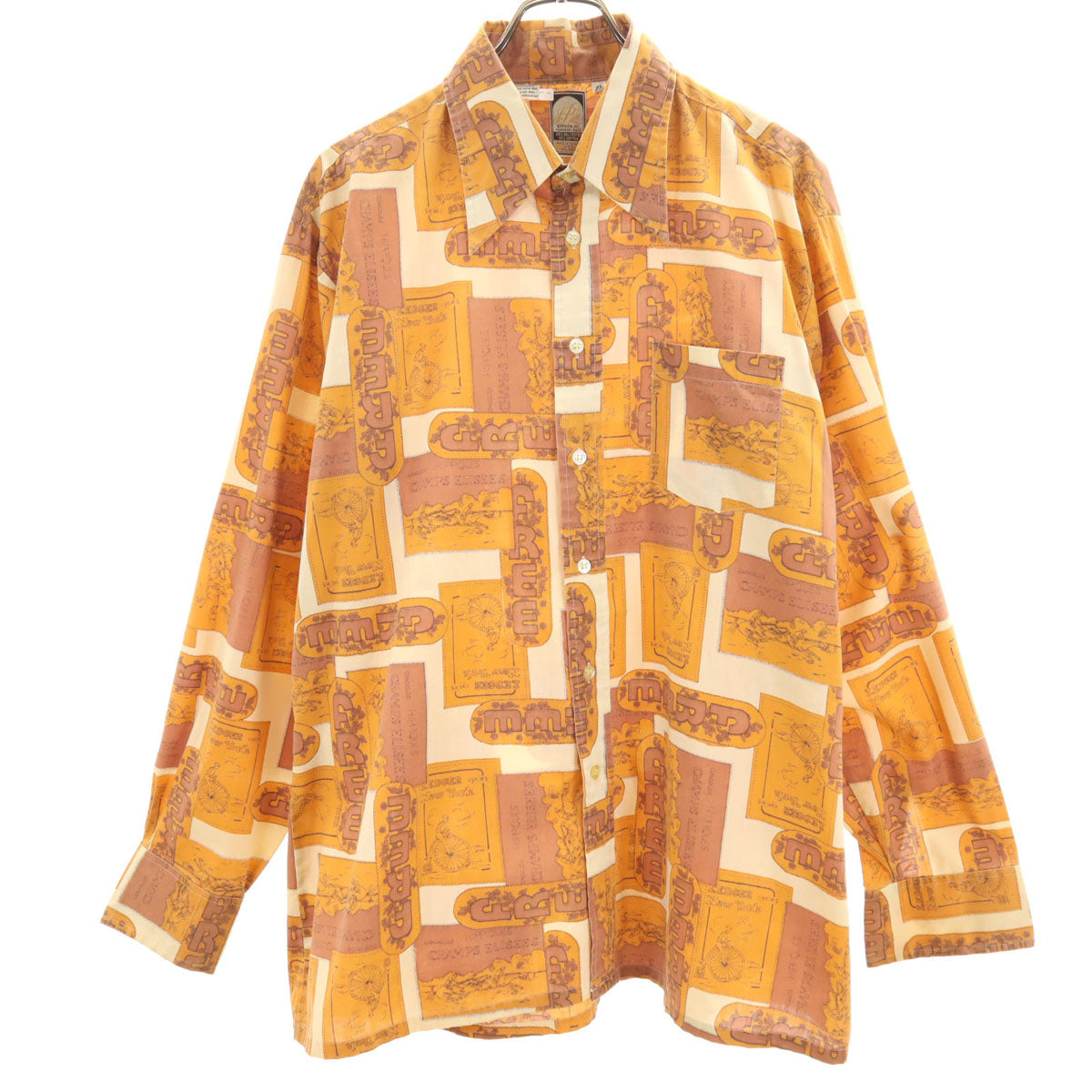 JP2 70s ヴィンテージ 総柄 長袖 シャツ XL イエロー系 メンズ