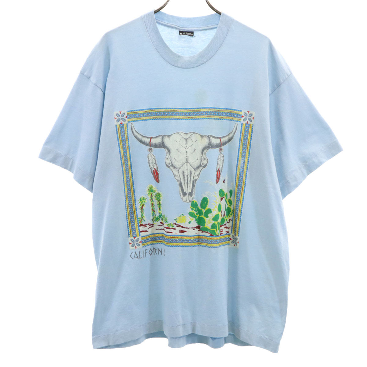 90s USA製 オールド 半袖 CALIFORNIA Tシャツ XL 水色 カウスカル サボテン メンズ