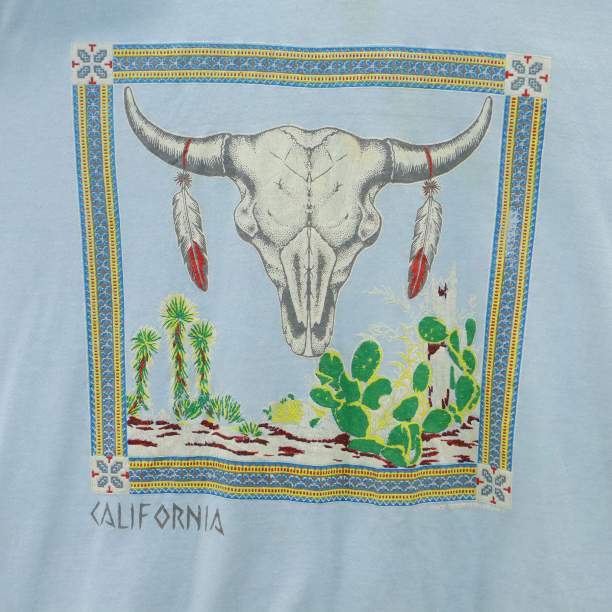 90s USA製 オールド 半袖 CALIFORNIA Tシャツ XL 水色 カウスカル サボテン メンズ