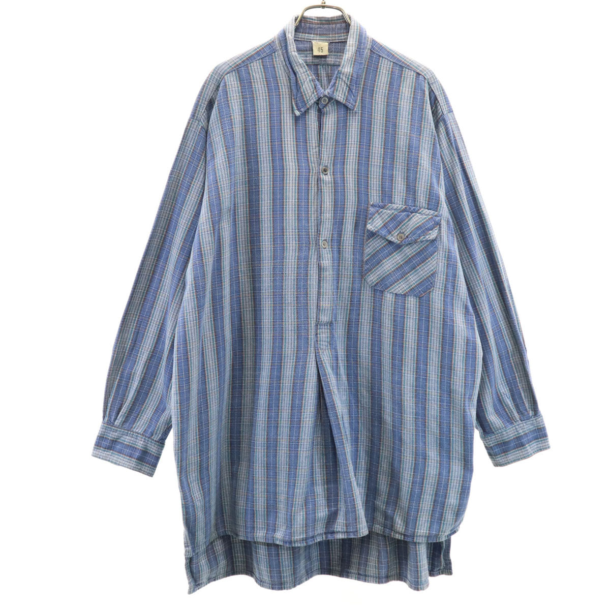 EURO WORK ユーロワーク 50s フランス製 グランパ マチ付き チェック柄 長袖 ハーフボタン グランパ シャツ 45 ブルー系 プルオーバー メンズ