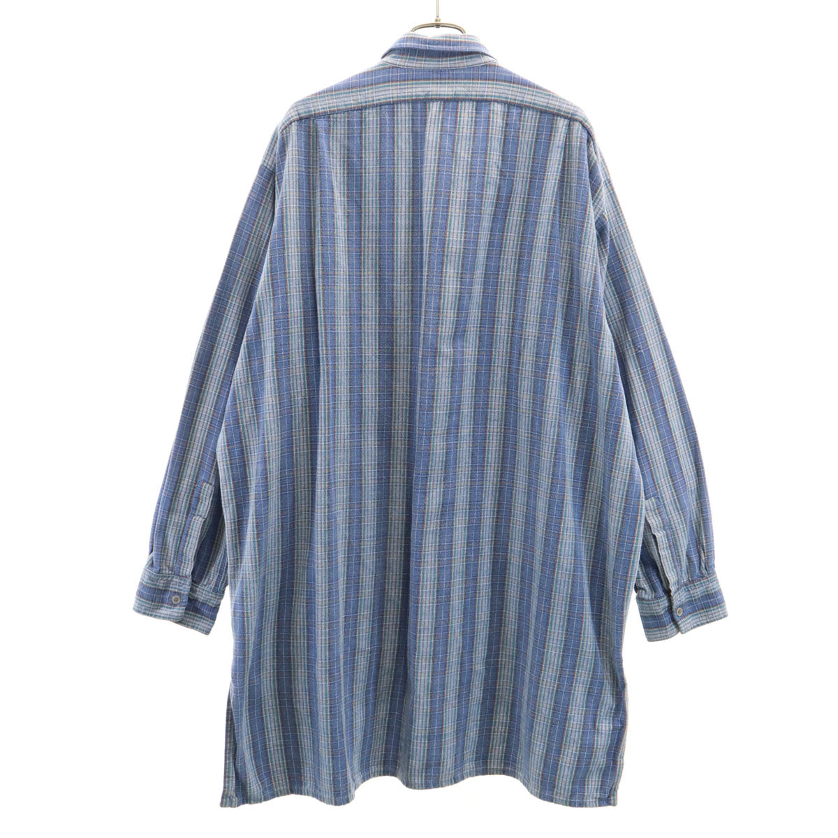 EURO WORK ユーロワーク 50s フランス製 グランパ マチ付き チェック柄 長袖 ハーフボタン グランパ シャツ 45 ブルー系 プルオーバー メンズ