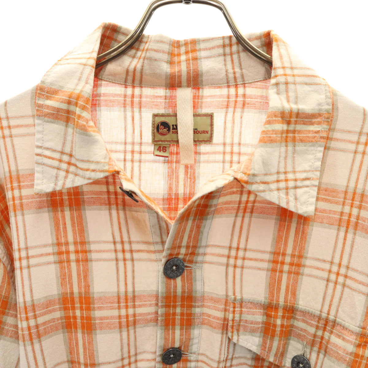 LYBRO NIGEL CABOURN ライブロ ナイジェルケーボン リネンブレンド チェック柄 長袖 ワークシャツ 46 オレンジ プルオーバー メンズ