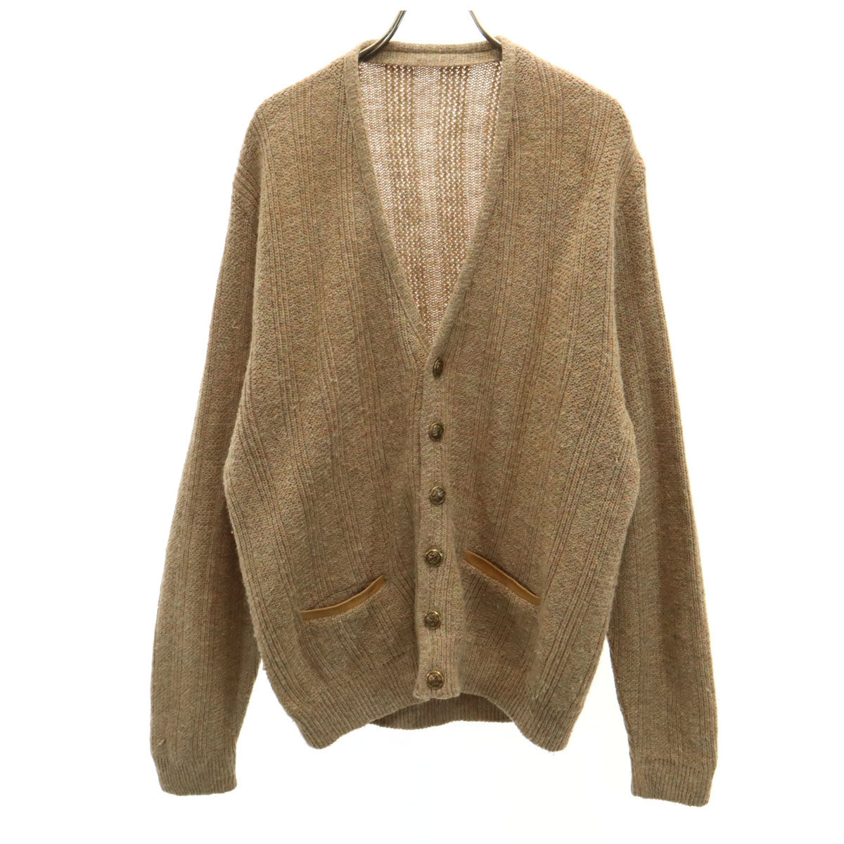 80s USA製 ヴィンテージ 長袖 Vネック ニットカーディガン L ベージュ系 メンズ