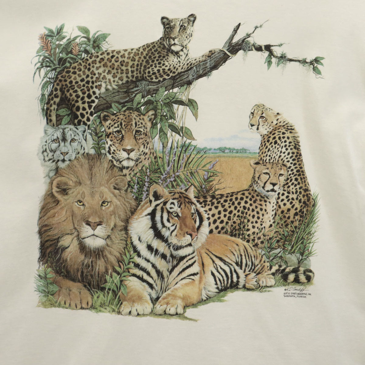 JERZEES ジャージーズ 90s USA製 オールド ライオン プリント 半袖 Tシャツ XL オフホワイト アニマル メンズ