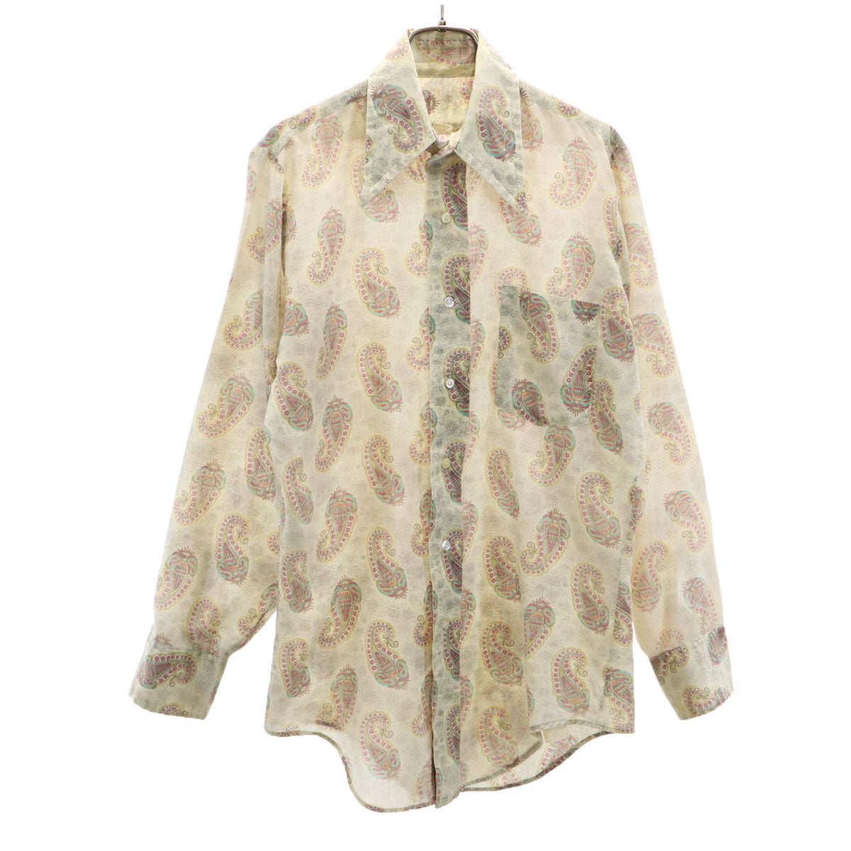 70s ヴィンテージ 総柄 長袖 シャツ S アイボリー系 メンズ