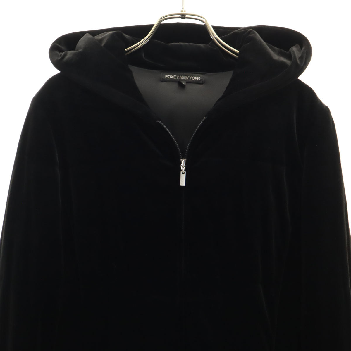 FOXEY NEW YORK フォクシーニューヨーク 日本製 長袖 ベロア ロング ジップパーカー F ブラック 中綿 レディース