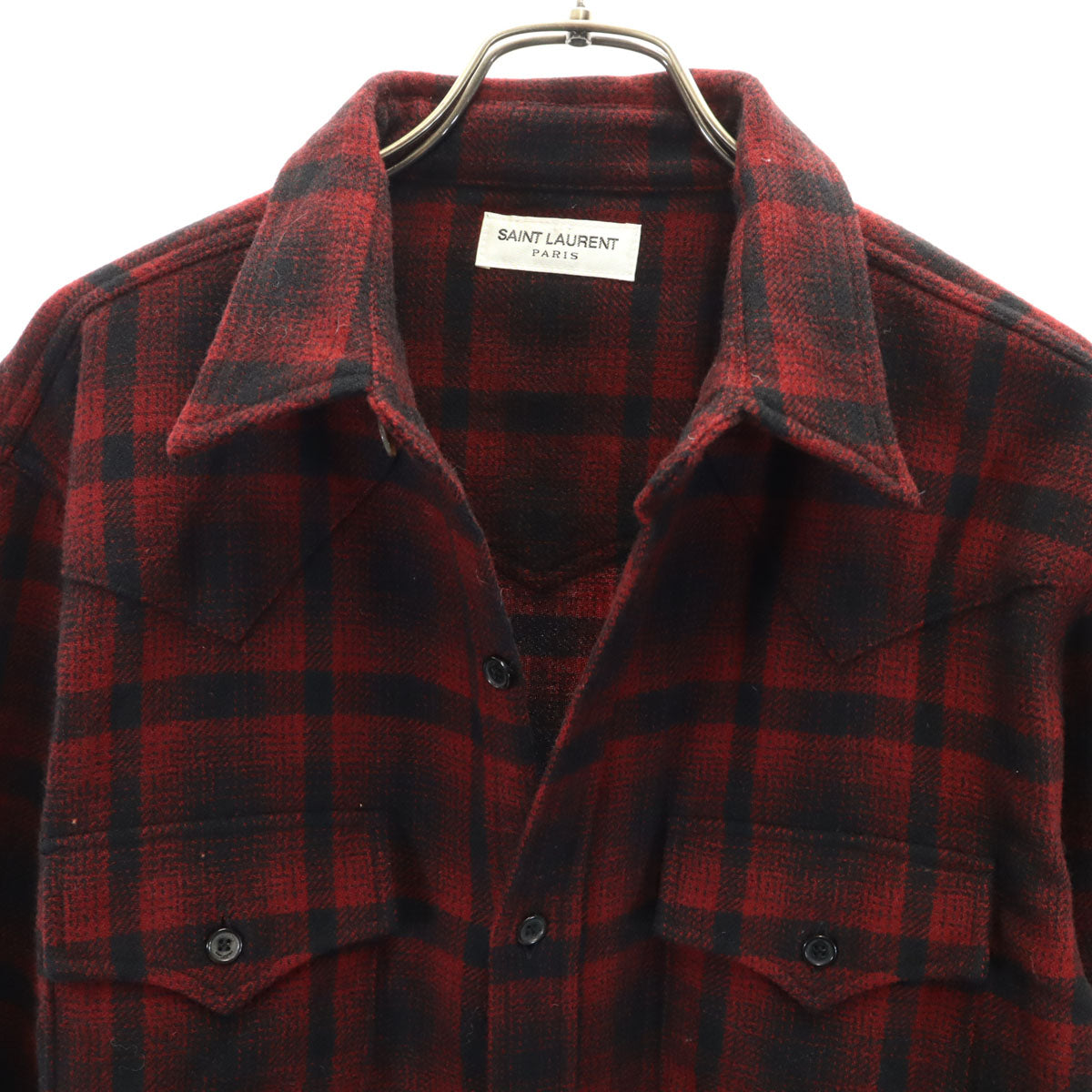 SAINT LAURENT PARIS サンローランパリ 日本製 ウールブレンド チェック柄 長袖 ウエスタンシャツ XL 赤系 メンズ