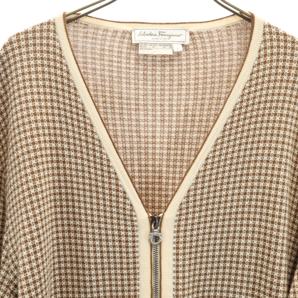 Salvatore Ferragamo サルヴァトーレフェラガモ イタリア製 シルクブレンド 総柄 長袖 フルジップ ニットカーディガン L ブラウン メンズ