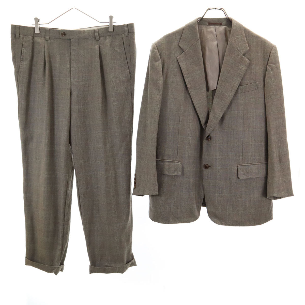 LANVIN ランバン 90s ウール オールド チェック柄 スーツ 上下 セットアップ ST50-56 グレー メンズ