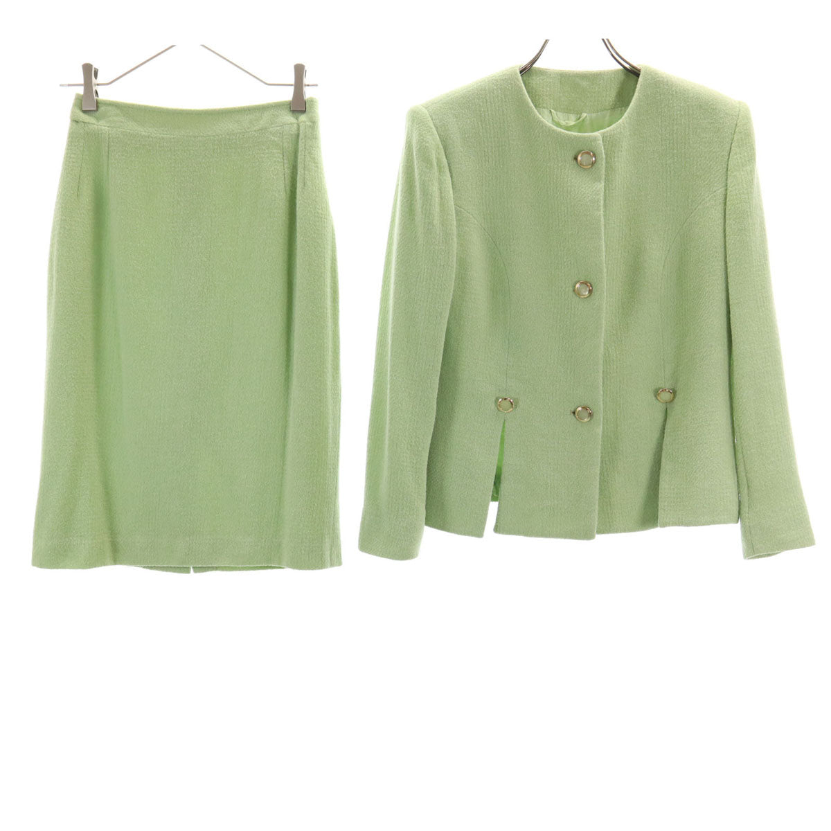 Herno ヘルノ イタリア製 ウールブレンド ツイード スカートスーツ 上下 セットアップ 42 グリーン系 レディース