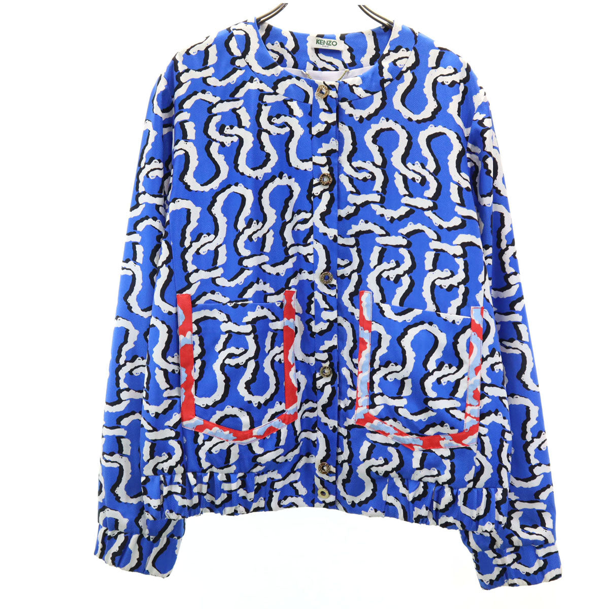 KENZO ケンゾー シルク100% 総柄 ノーカラージャケット 38 青系 レディース