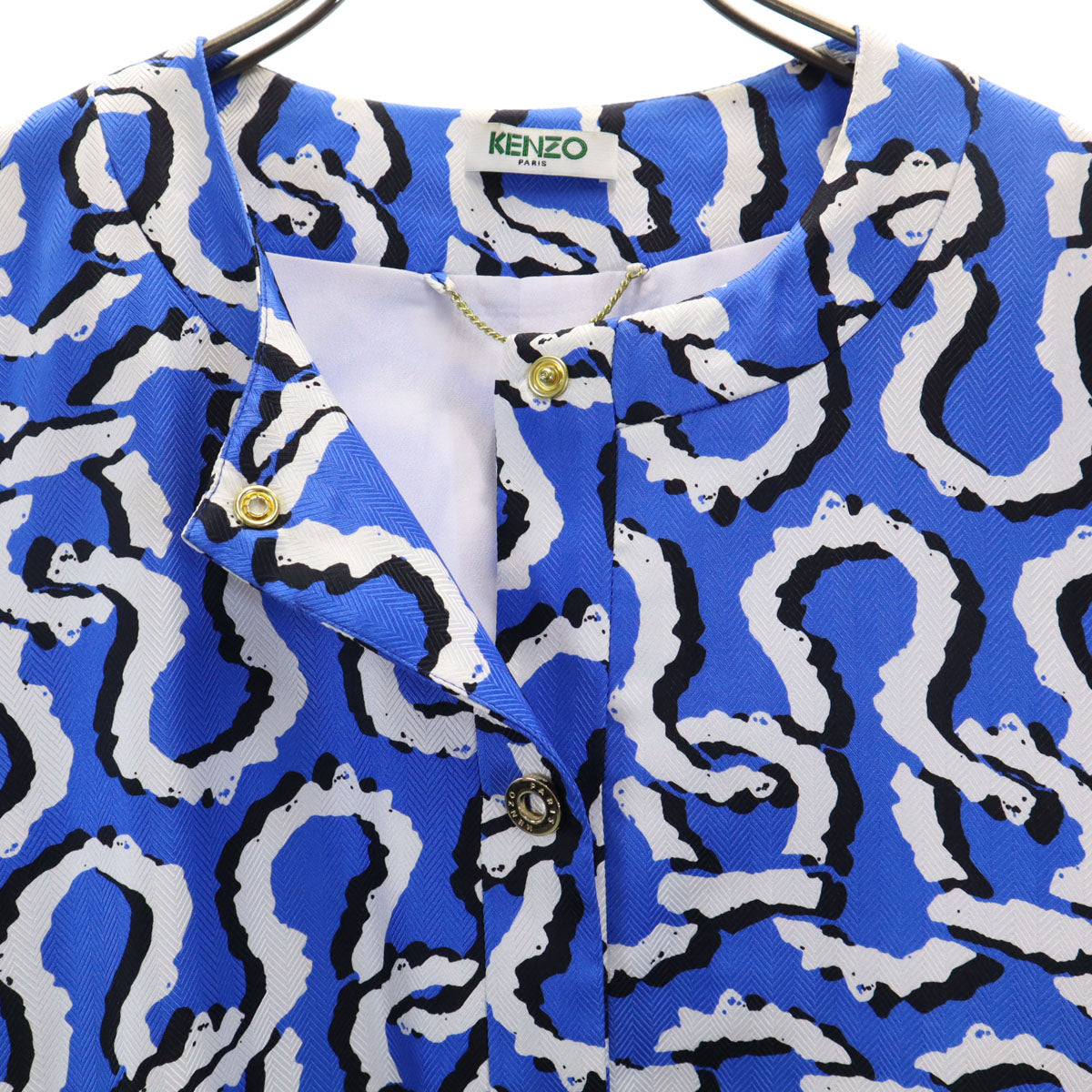 KENZO ケンゾー シルク100% 総柄 ノーカラージャケット 38 青系 レディース