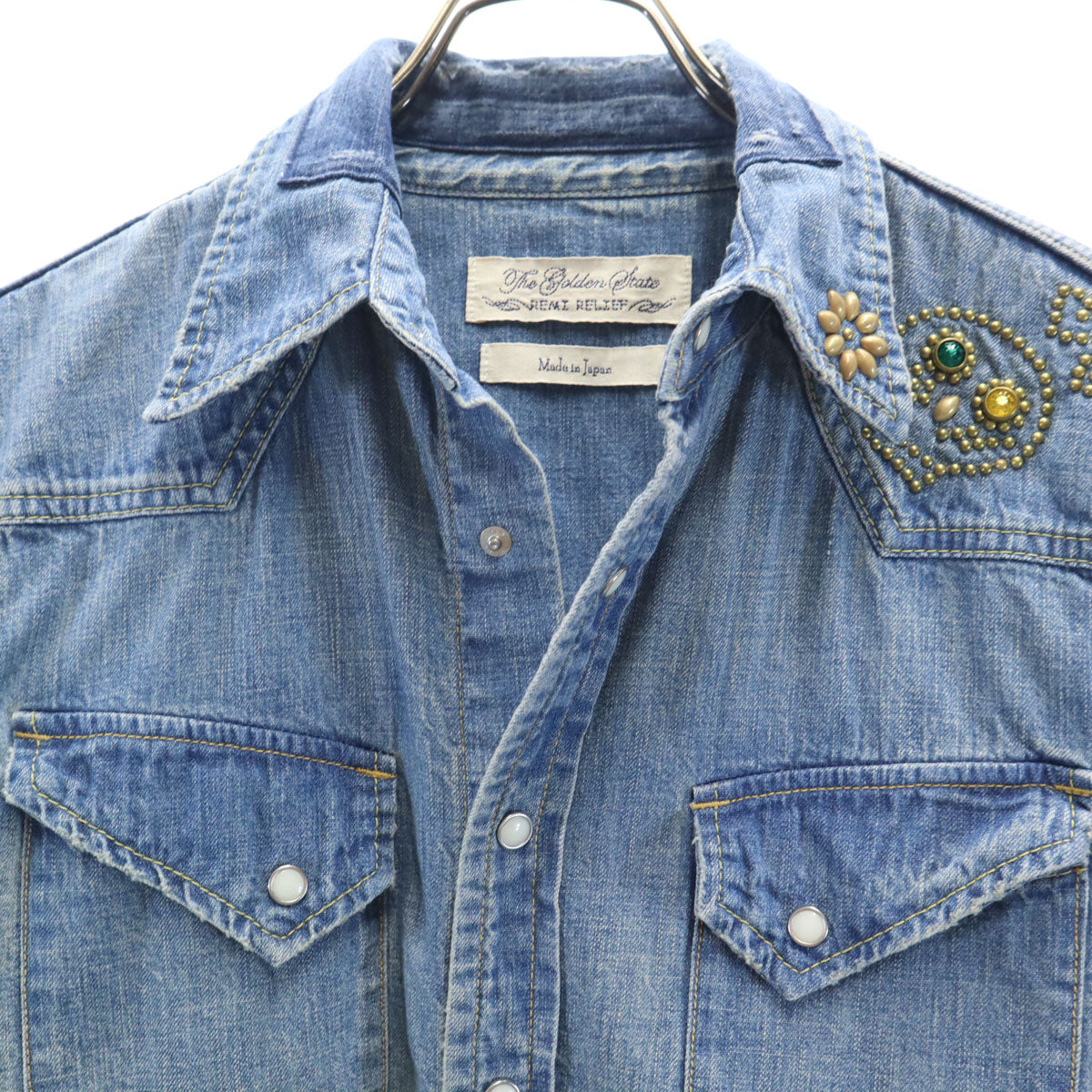 REMI RELIEF レミレリーフ 日本製 スタッズ 長袖 ダメージ加工 デニム ウエスタンシャツ S レディース