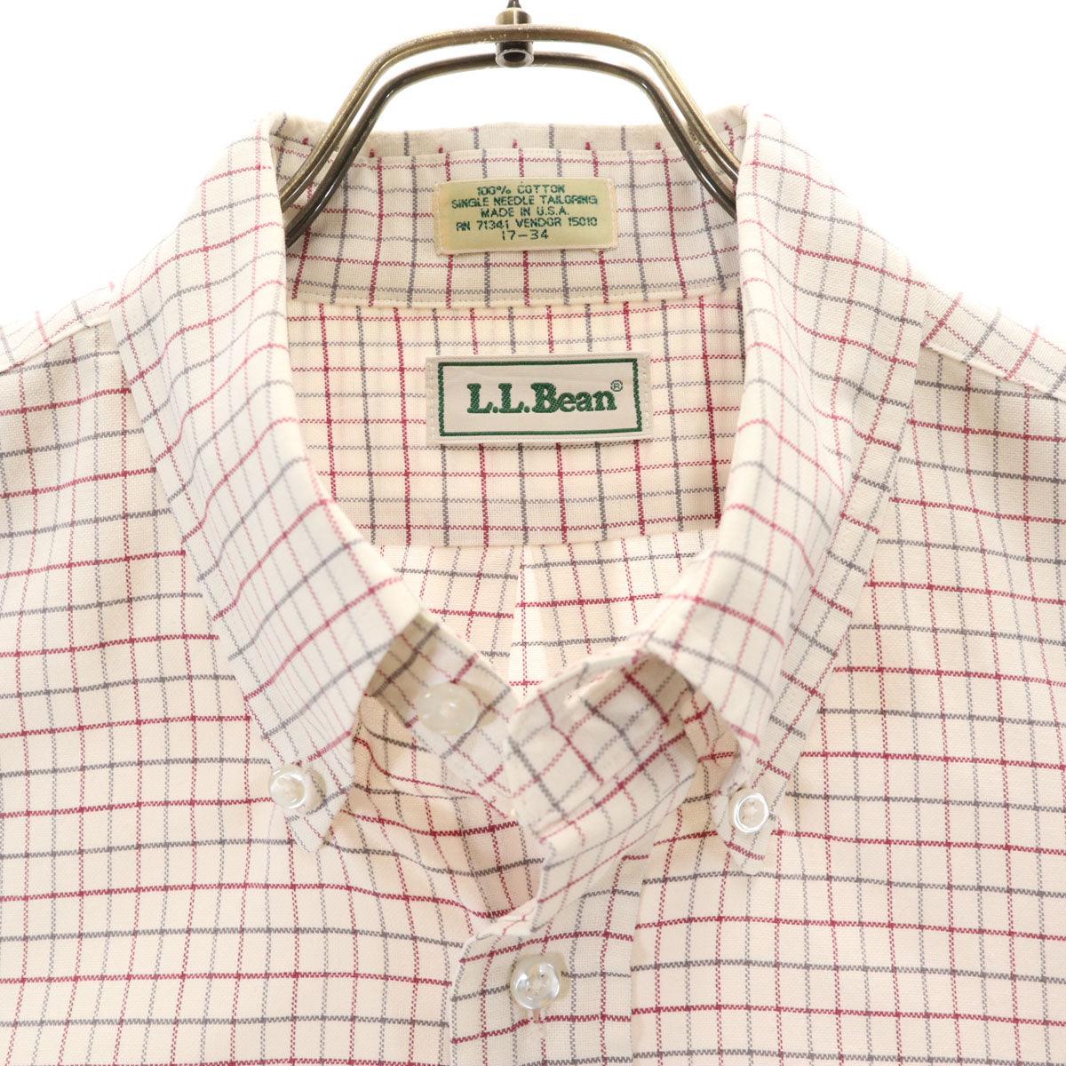 L.L.Bean エルエルビーン 80s USA製 ヴィンテージ チェック柄 長袖 ボタンダウンシャツ 17-34 ホワイト アウトドア メンズ