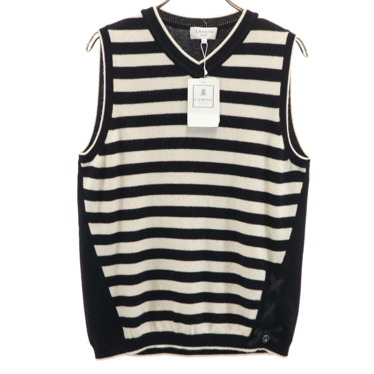 未使用 LANVIN SPORT ランバン スポーツ 日本製 カシミヤ100% ボーダー柄 ノースリーブ Vネック ニット 40 ブラック レディース