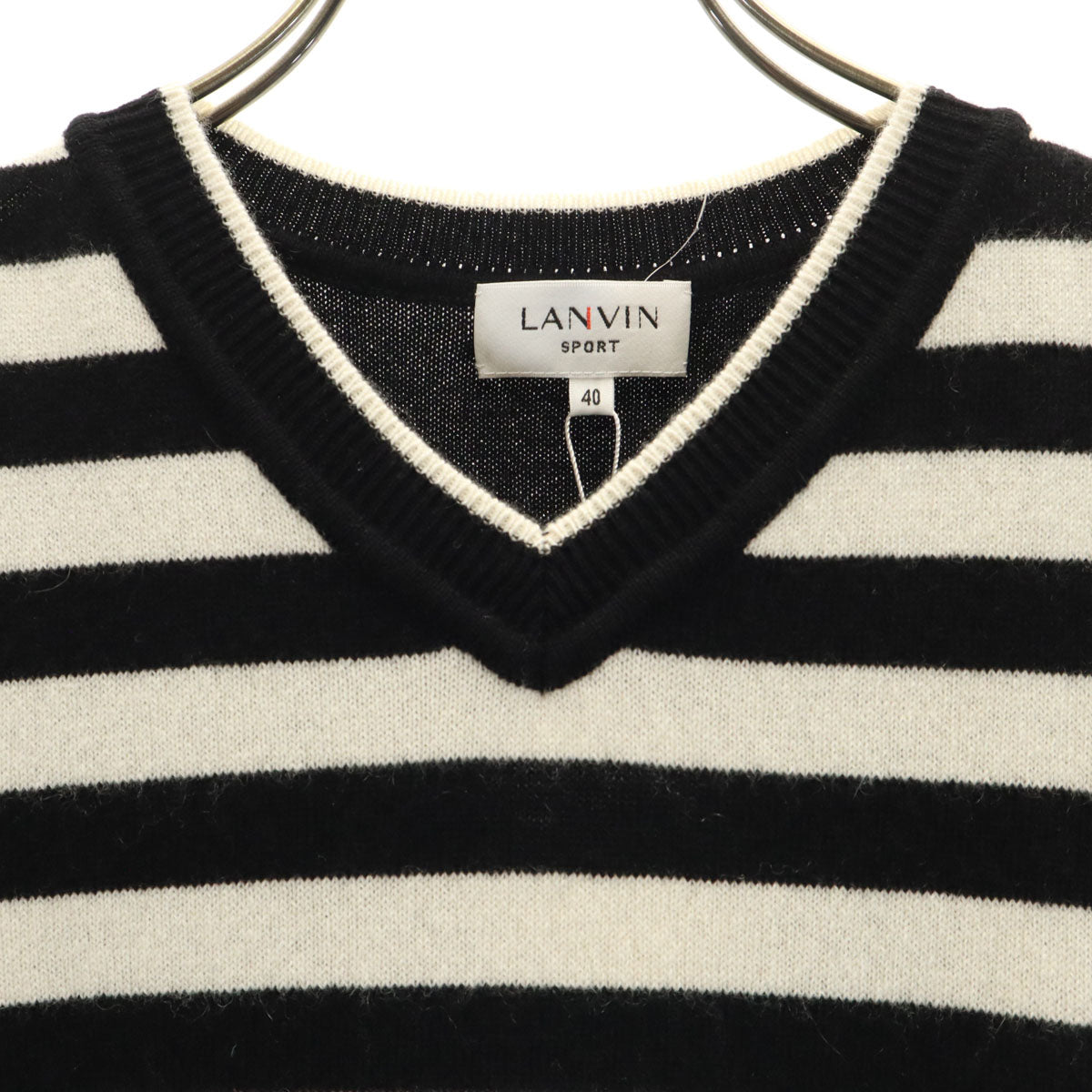 未使用 LANVIN SPORT ランバン スポーツ 日本製 カシミヤ100% ボーダー柄 ノースリーブ Vネック ニット 40 ブラック レディース