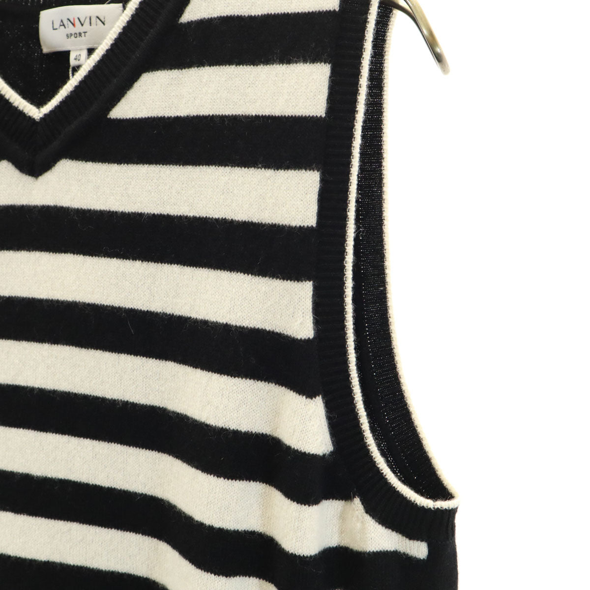未使用 LANVIN SPORT ランバン スポーツ 日本製 カシミヤ100% ボーダー柄 ノースリーブ Vネック ニット 40 ブラック レディース