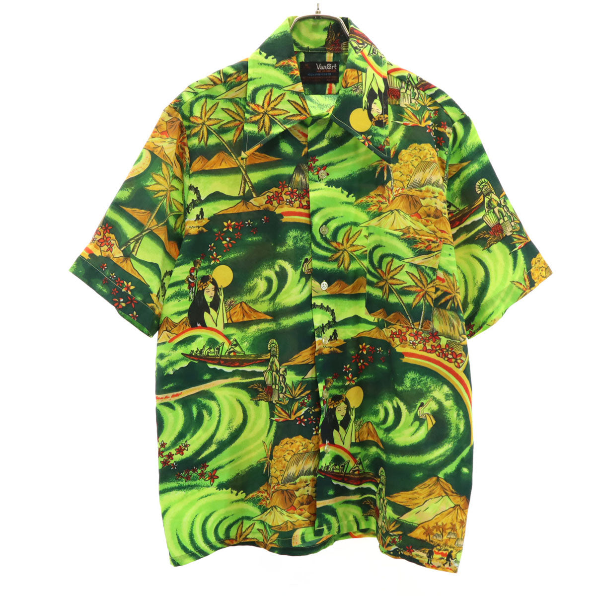 VanCoat 70s ヴィンテージ 総柄 半袖 アロハシャツ M 黄緑 メンズ