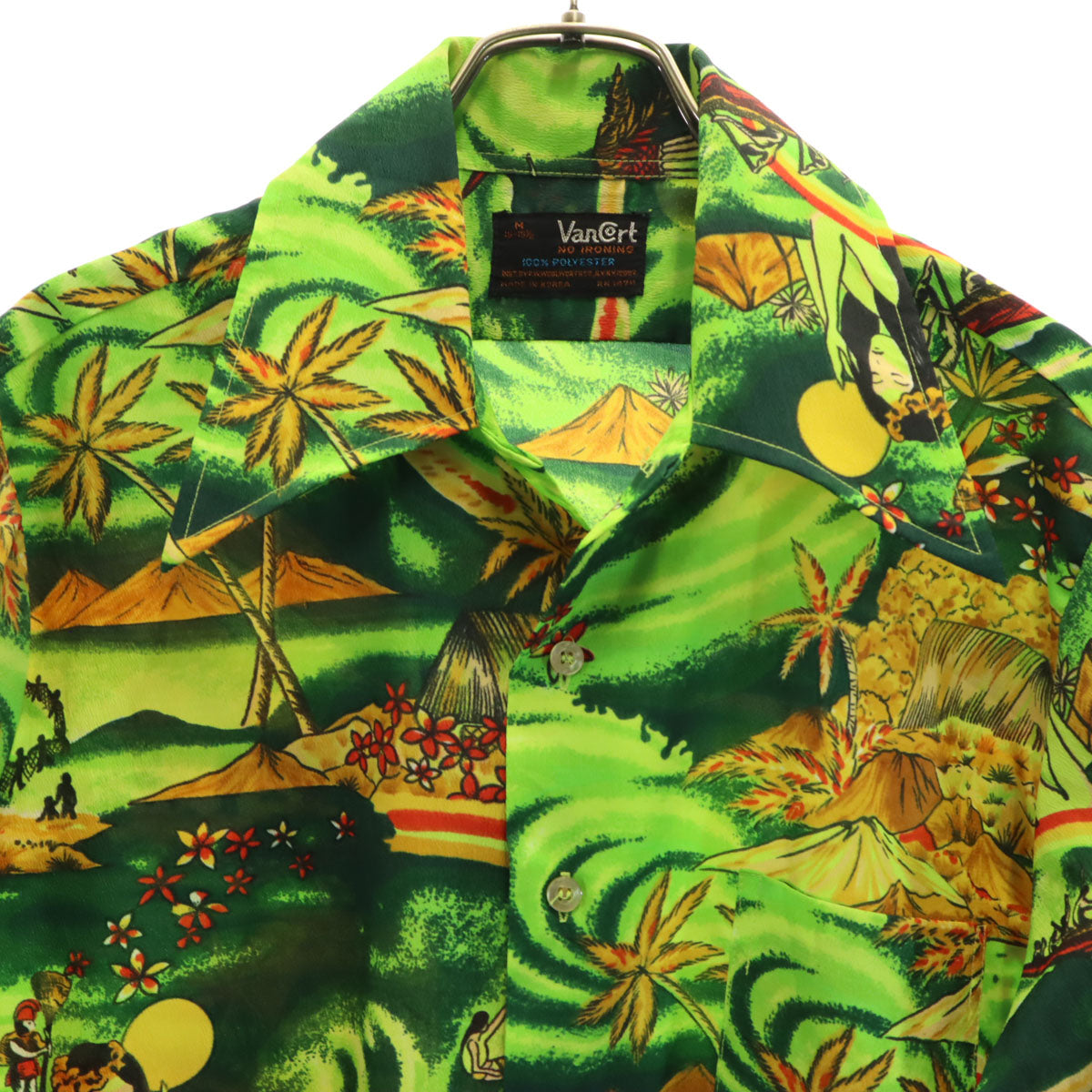VanCoat 70s ヴィンテージ 総柄 半袖 アロハシャツ M 黄緑 メンズ