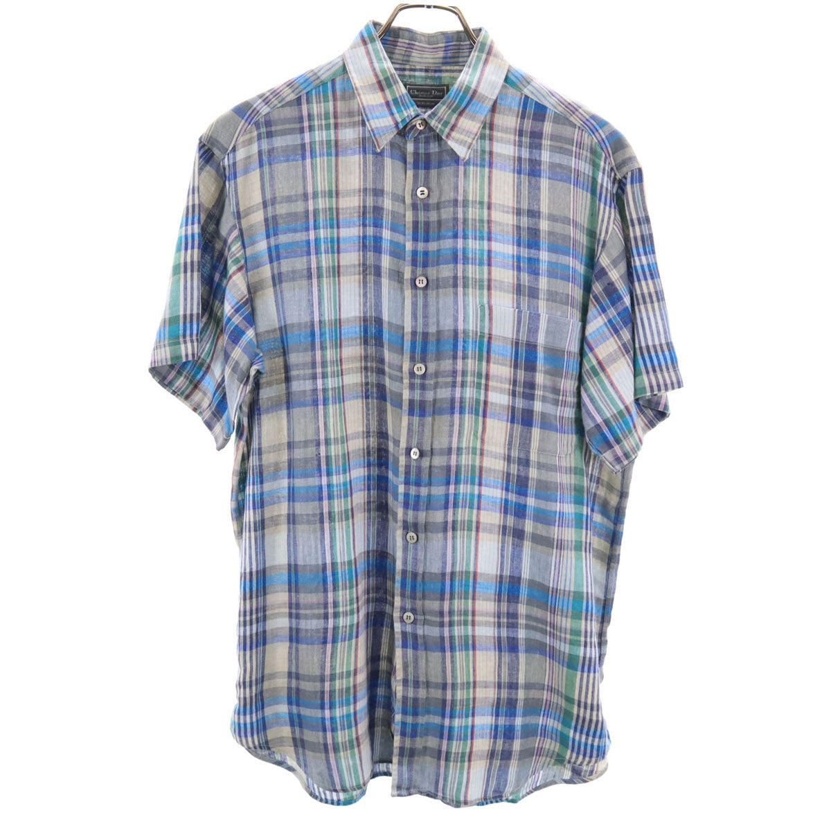 Christian Dior MONSIEUR クリスチャンディオール ムッシュ 90s リネン オールド チェック柄 半袖 シャツ L ブルー系 メンズ