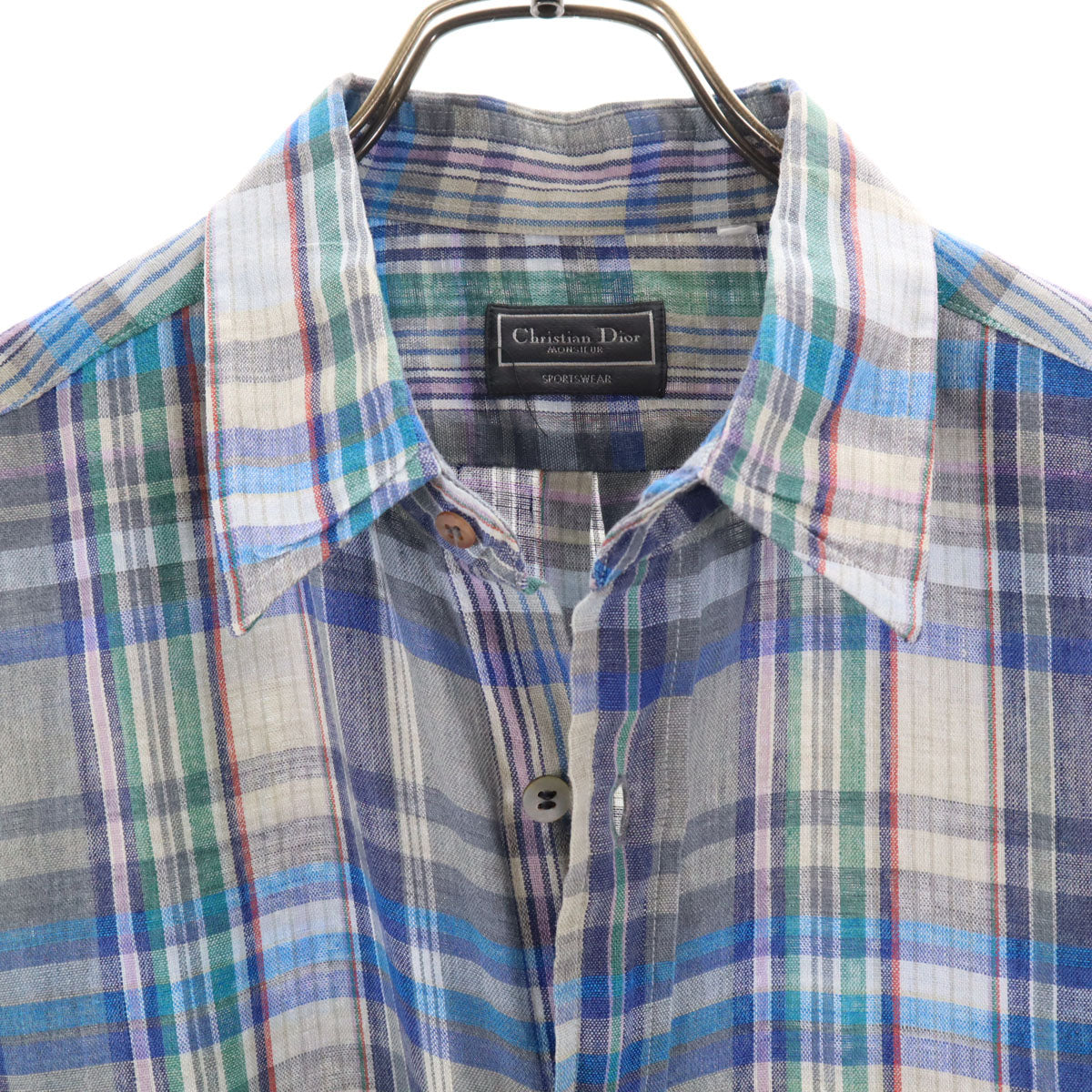 Christian Dior MONSIEUR クリスチャンディオール ムッシュ 90s リネン オールド チェック柄 半袖 シャツ L ブルー系 メンズ