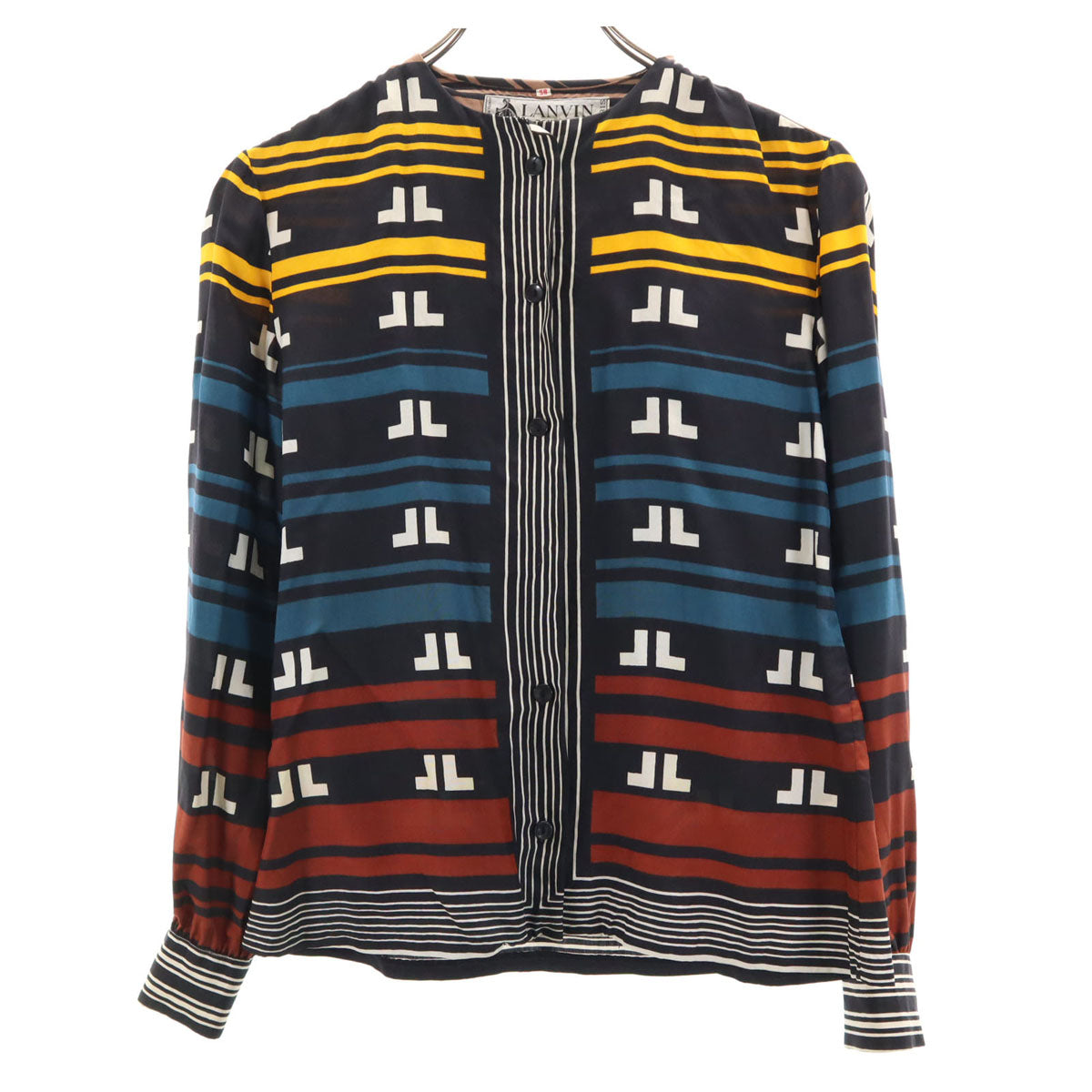 LANVIN ランバン 80s フランス製 シルク100% ヴィンテージ 総柄 長袖 スカーフドッキング シャツ 38 黒系 レディース