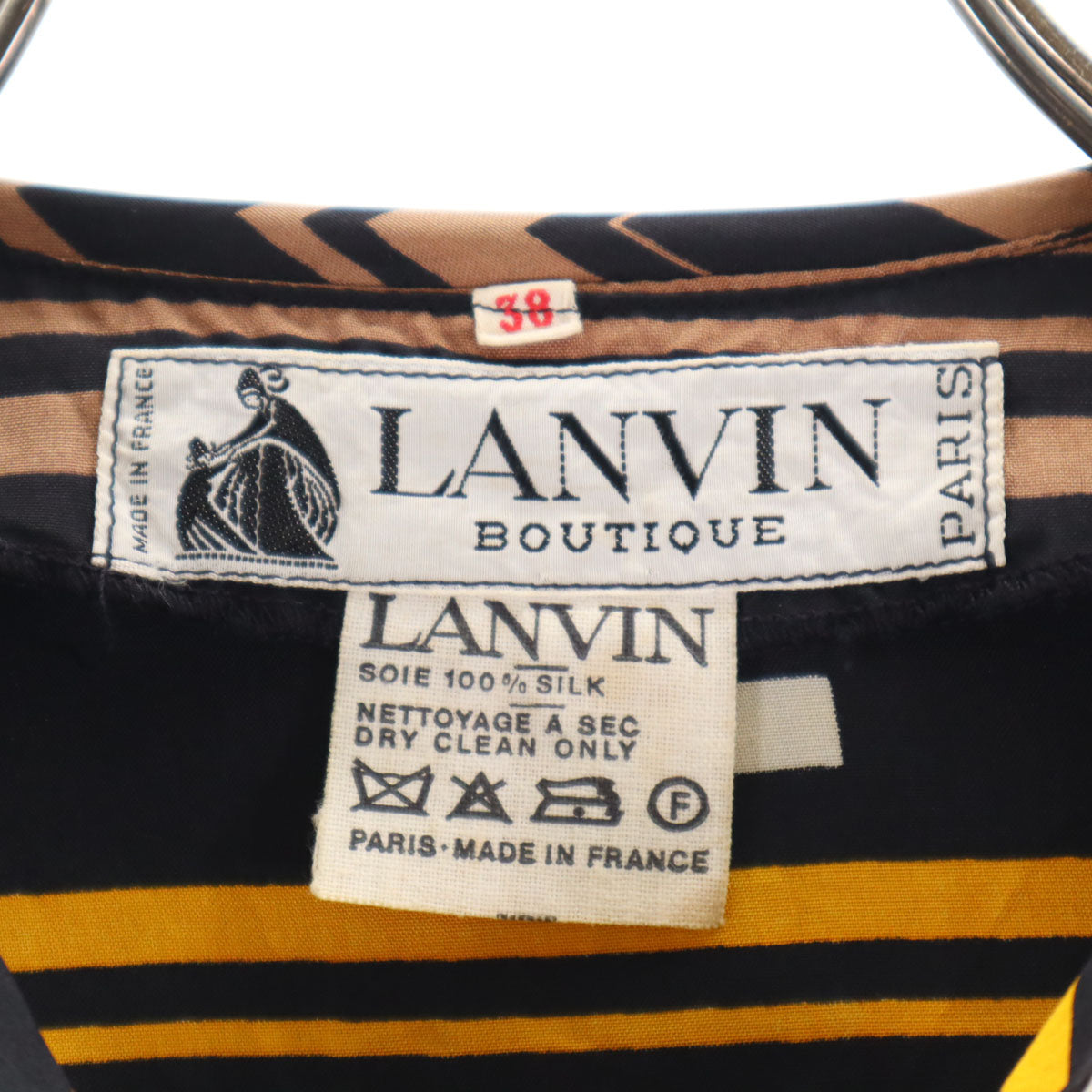LANVIN ランバン 80s フランス製 シルク100% ヴィンテージ 総柄 長袖 スカーフドッキング シャツ 38 黒系 レディース