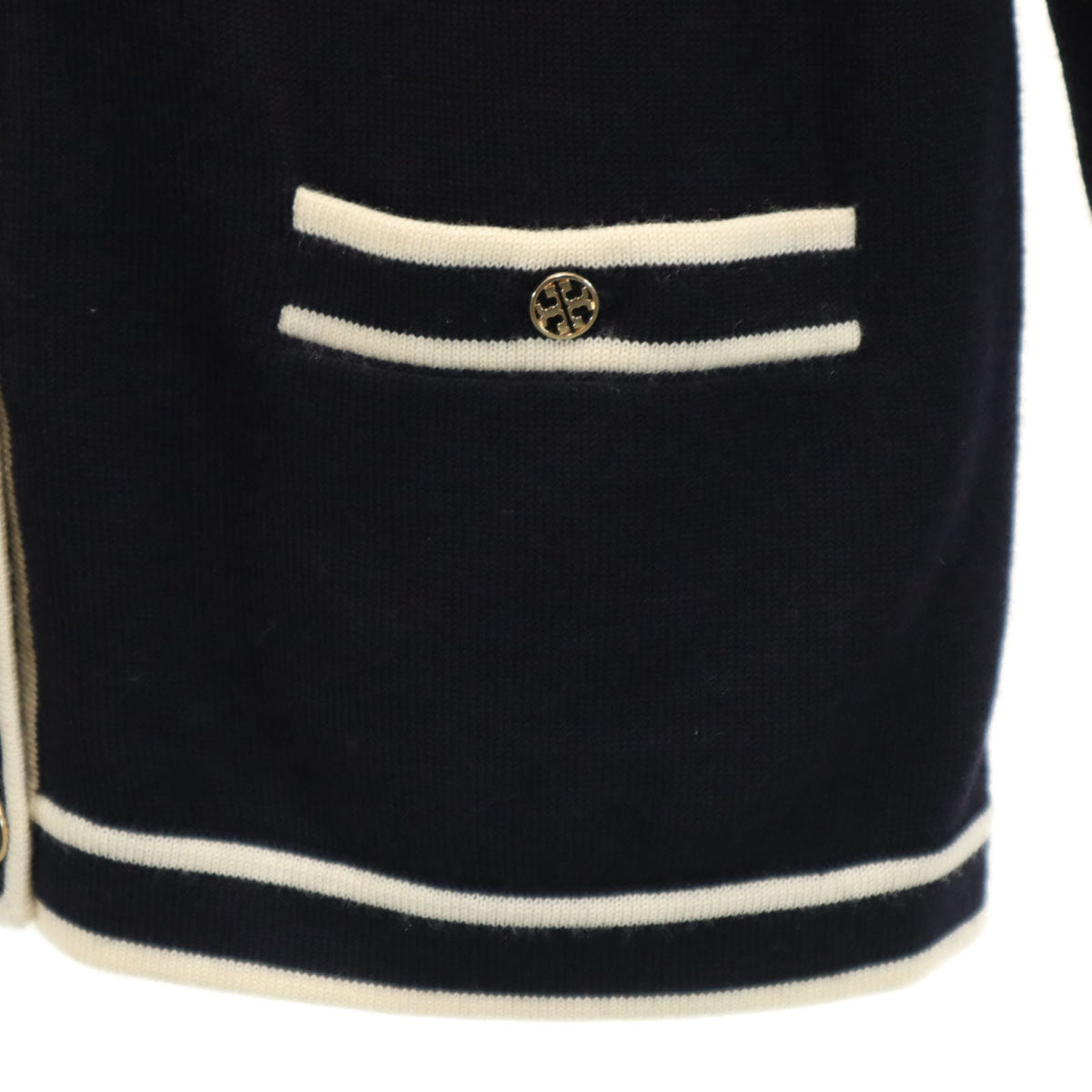 Tory Burch トリーバーチ ウール ノーカラー ニットジャケット XS ネイビー レディース