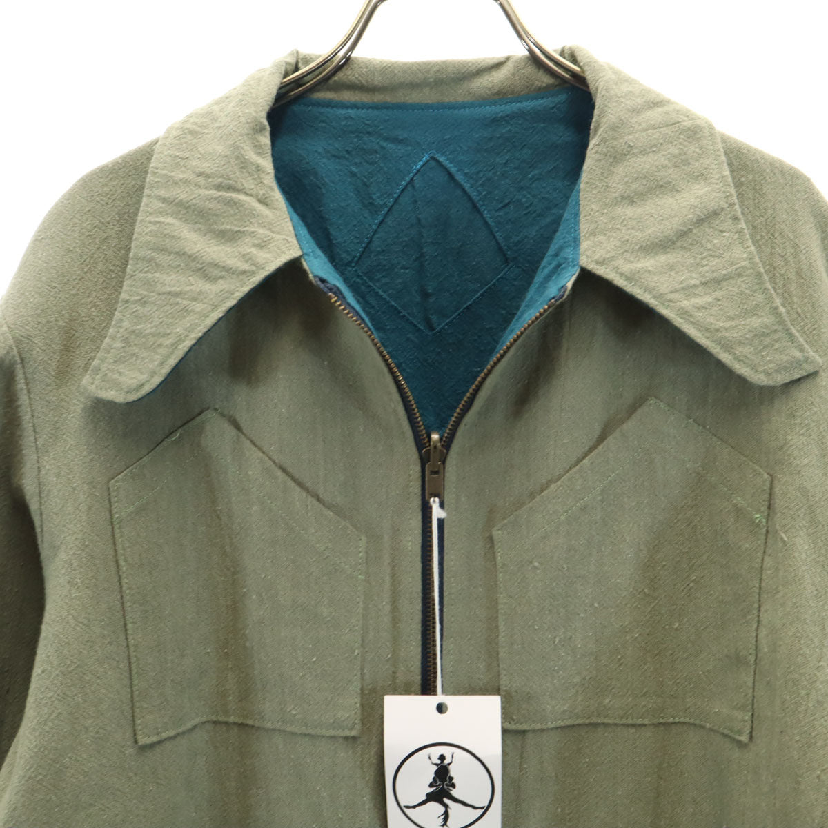 CHILLT リネンブレンド パッチワーク ジャケット L ターコイズ リバーシブル メンズ
