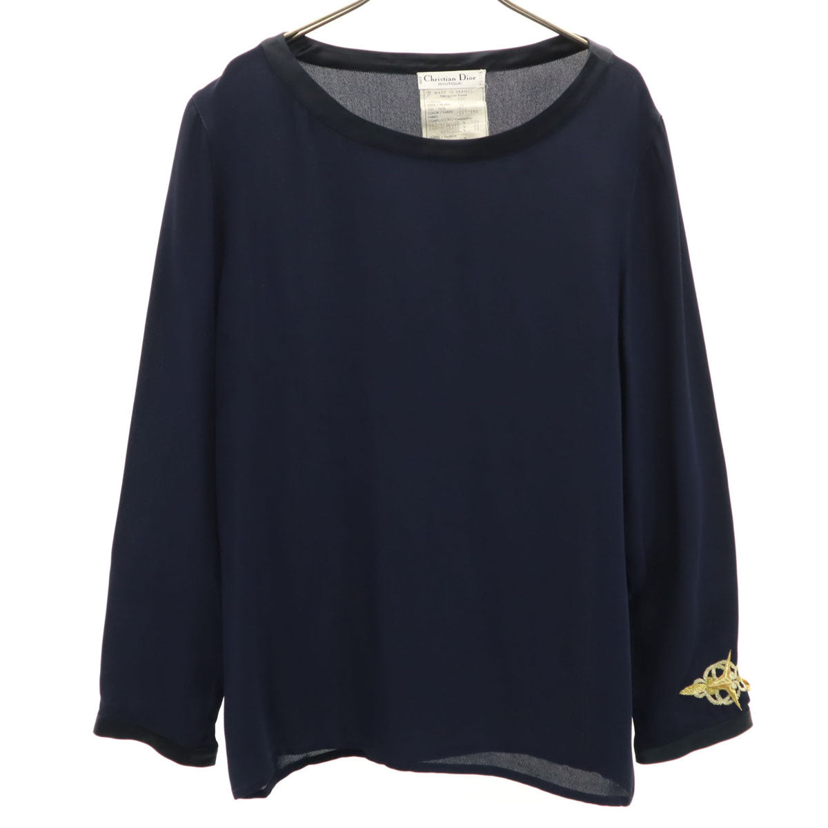 Christian Dior BOUTIQUE クリスチャンディオール ブティック フランス製 長袖 ボートネック プルオーバー ブラウス 38 ネイビー レディース