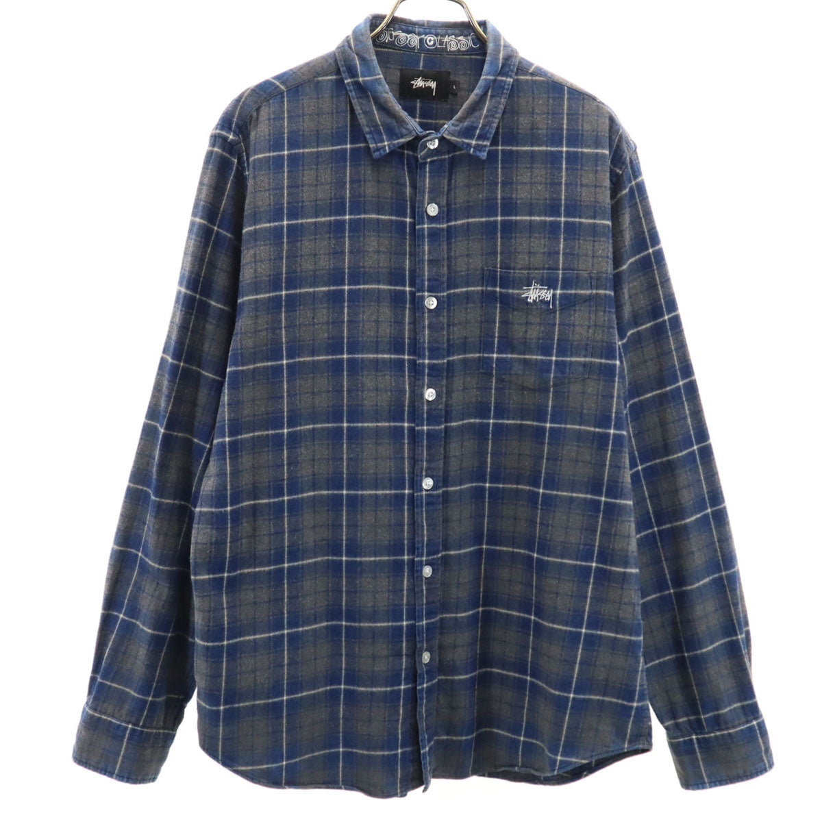 STUSSY ステューシー 日本製 チェック柄 長袖 ネルシャツ L ネイビー メンズ