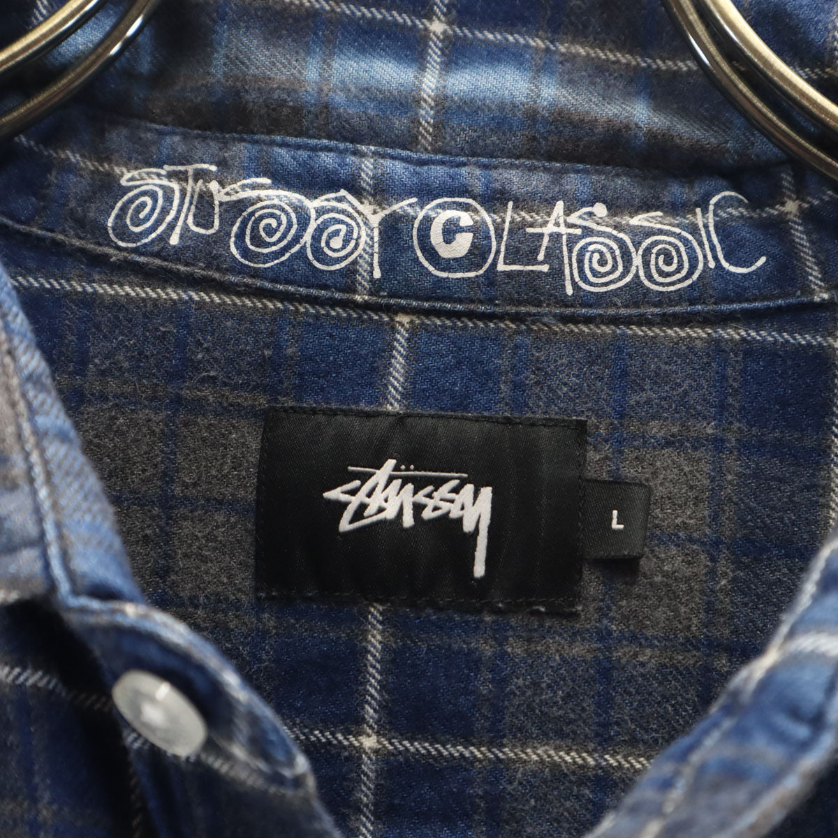 STUSSY ステューシー 日本製 チェック柄 長袖 ネルシャツ L ネイビー メンズ