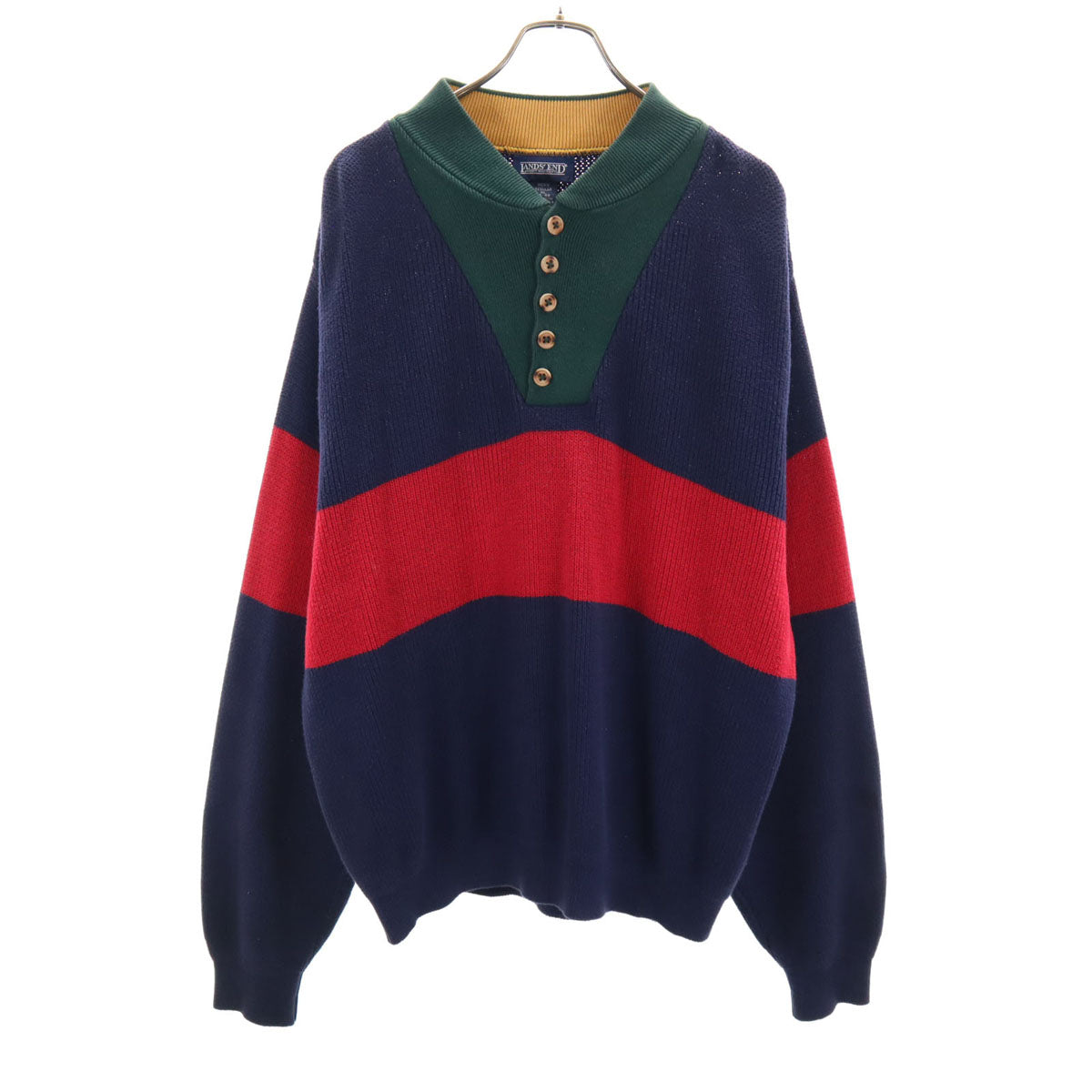 LANDS' END ランズエンド 90s USA製 オールド 長袖 ヘンリーネック ニット XL ネイビー セーター メンズ