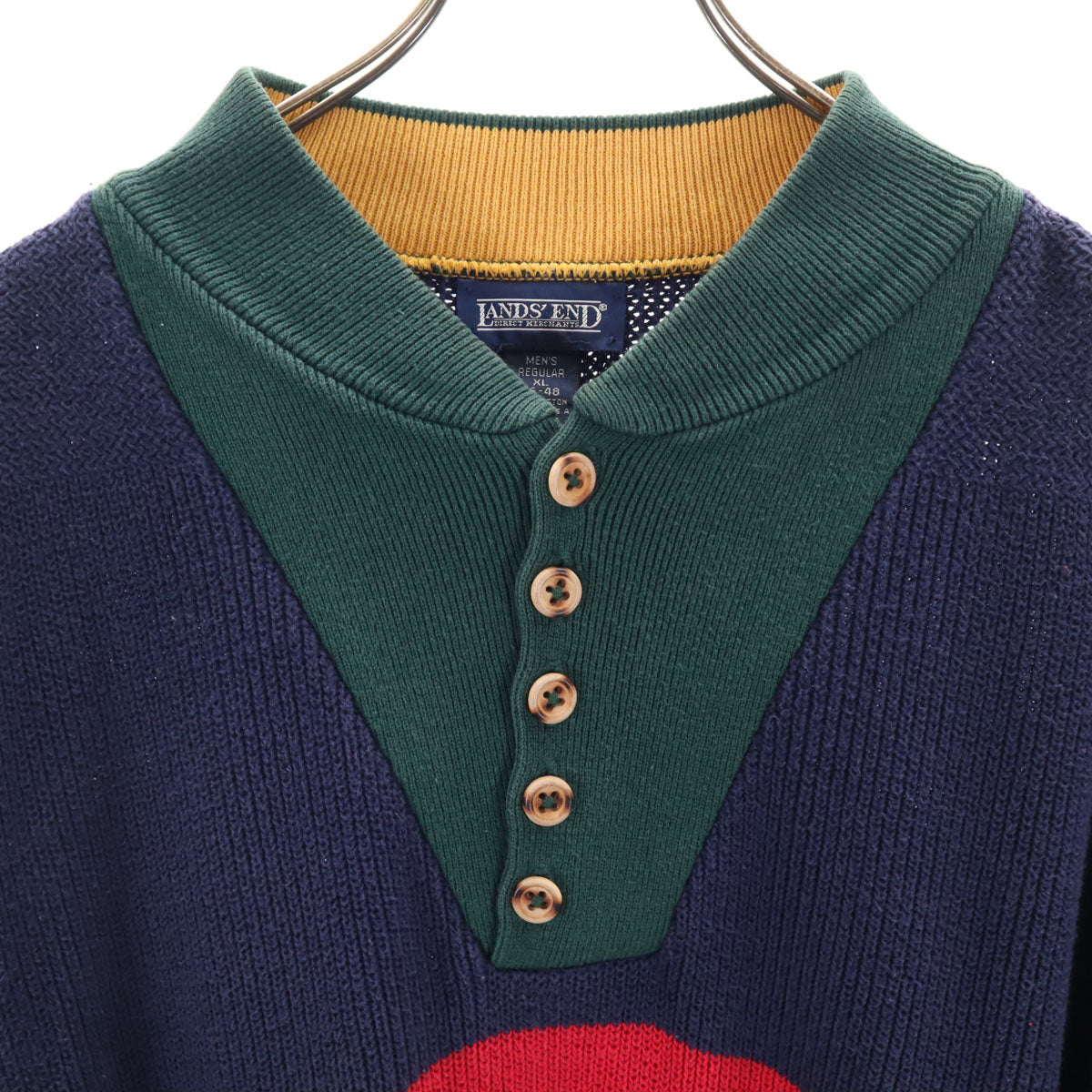 LANDS' END ランズエンド 90s USA製 オールド 長袖 ヘンリーネック ニット XL ネイビー セーター メンズ