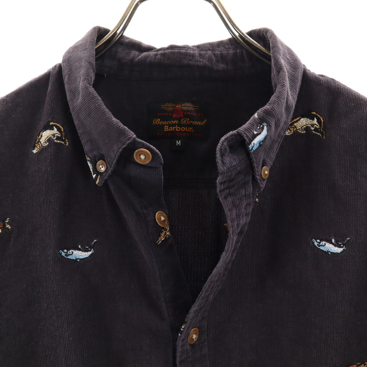 Barbour バブアー フィッシュ刺繍 長袖 コーデュロイ ボタンダウンシャツ M チャコールグレー 魚 メンズ