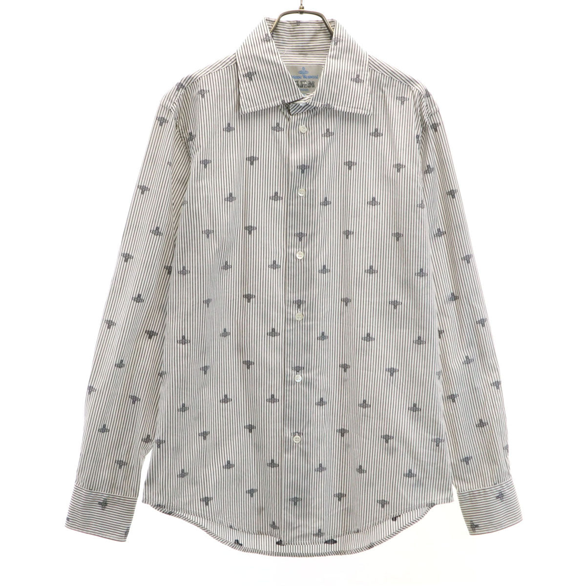Vivienne WestwoodMAN ヴィヴィアンウエストウッドマン 日本製 ストライプ オーブ柄 長袖 コットンシャツ 48 ホワイト メンズ