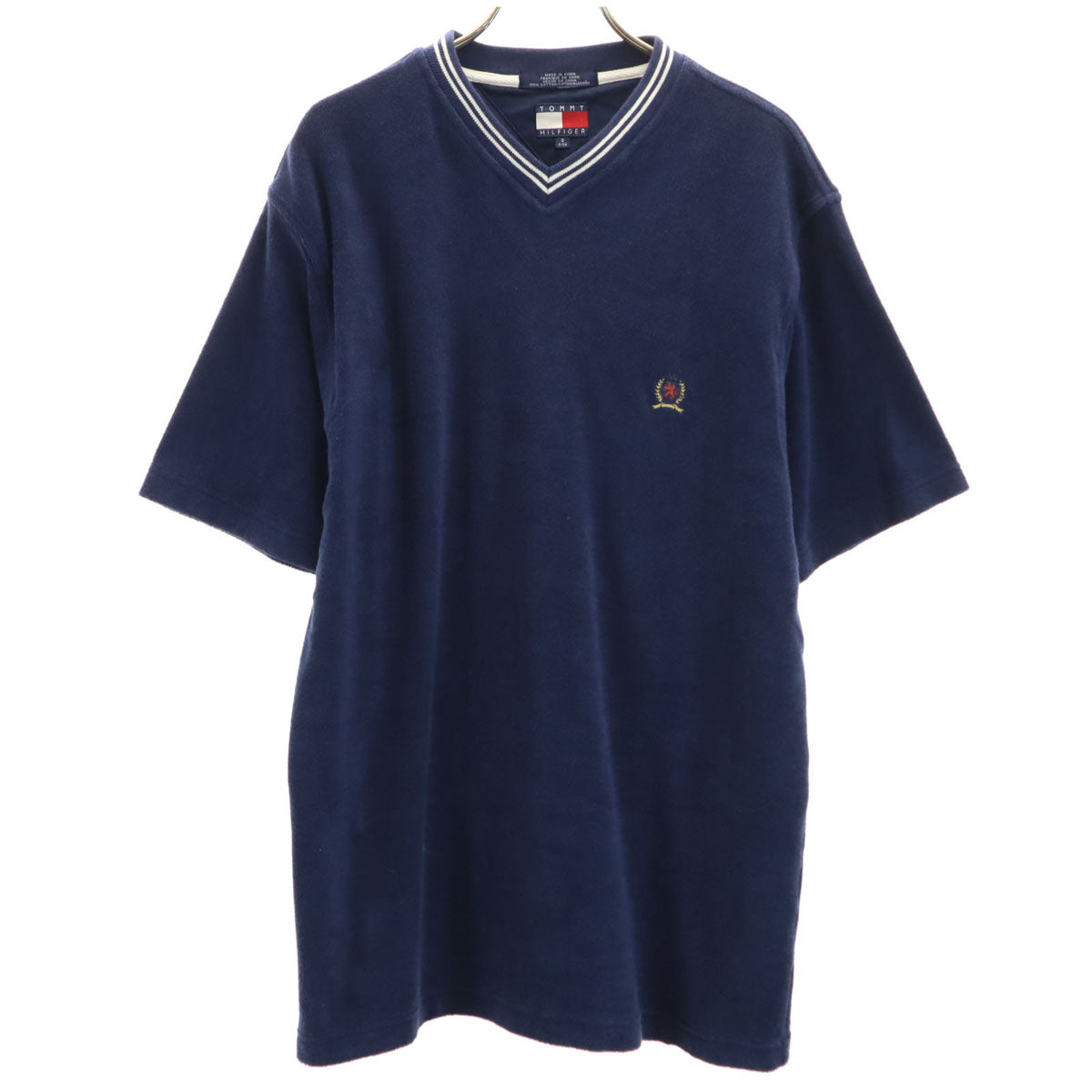 TOMMY HILFIGER トミーヒルフィガー 90s オールド 半袖 パイル地 Vネック Tシャツ S ネイビー メンズ