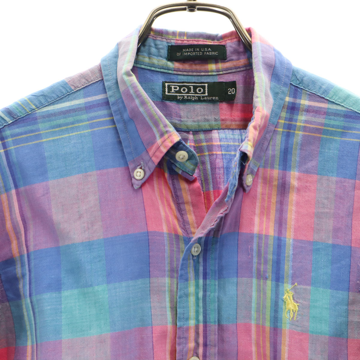 Polo by Ralph Lauren ポロバイラルフローレン 80s USA製 ボーイズ ヴィンテージ 緑タグ マドラスチェック柄 半袖 ボタンダウンシャツ 20 ブルー系 キッズ