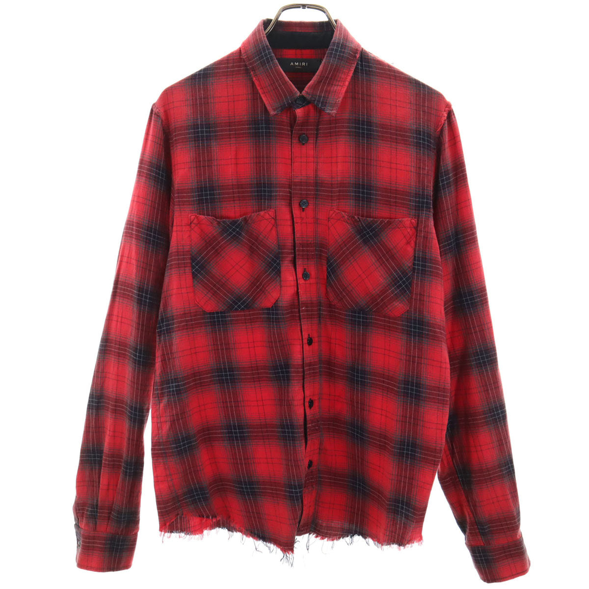 AMIRI アミリ USA製 カシミヤブレンド チェック柄 長袖 カットオフ加工 シャツ S レッド系 メンズ
