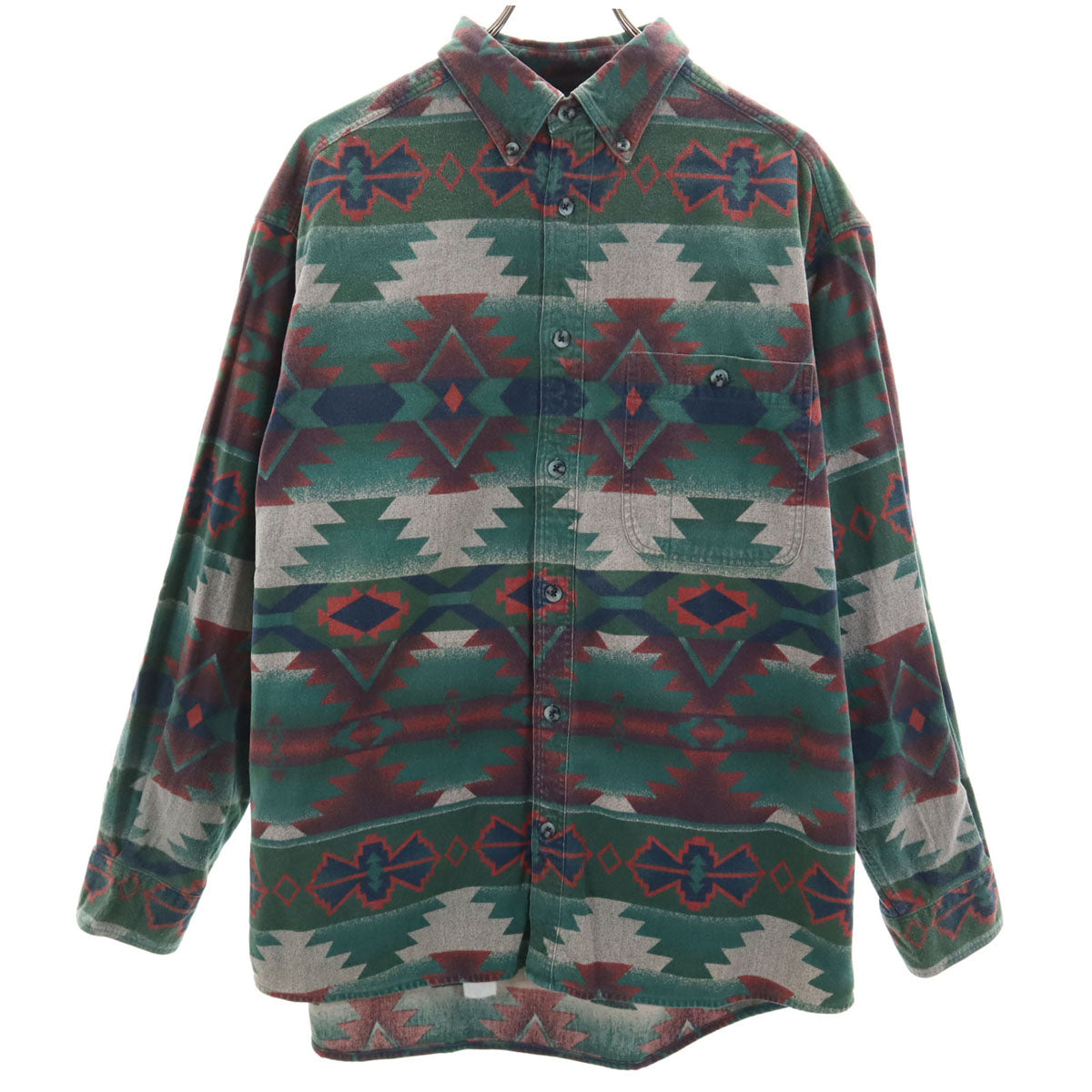 CABELA'S カベラス 総柄 長袖 ボタンダウンシャツ L グリーン系 アウトドア メンズ